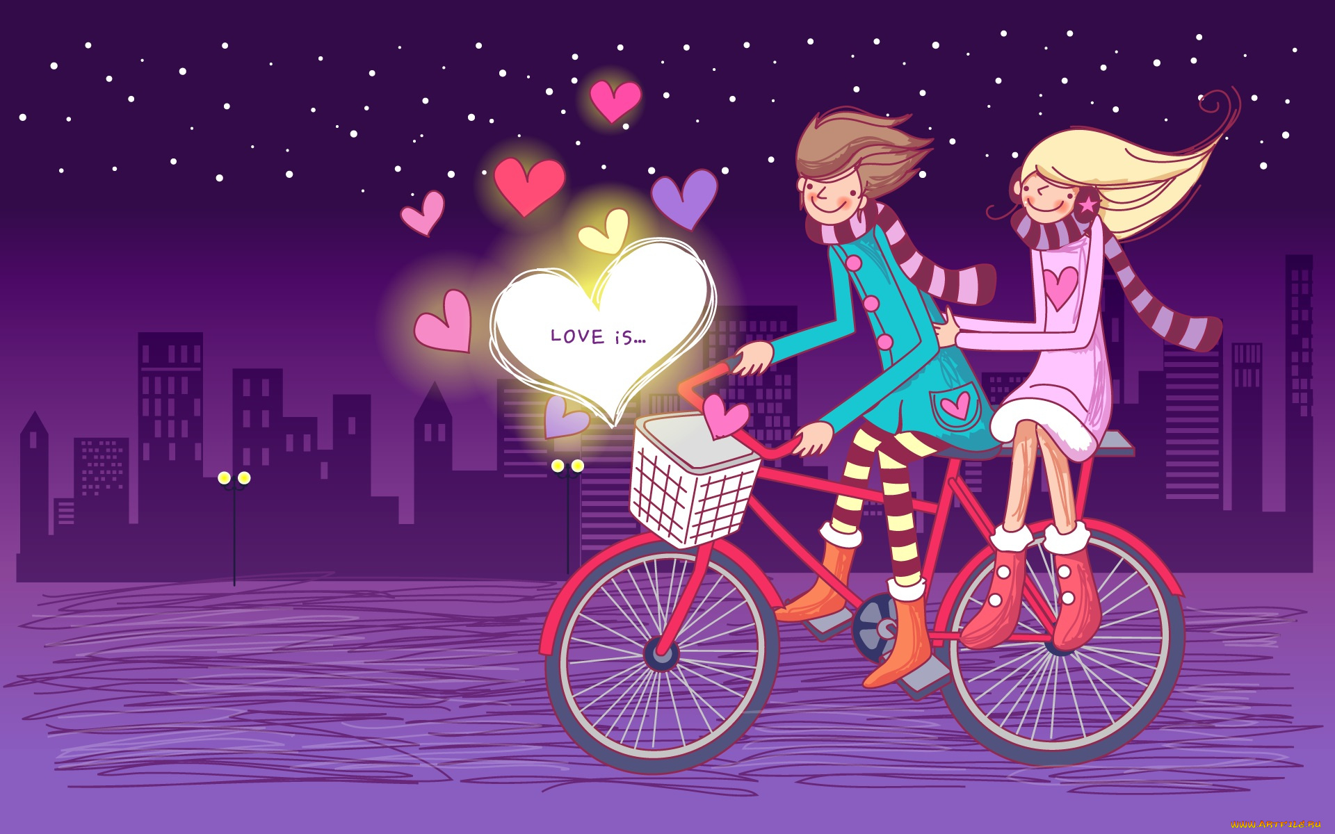 рисованное, праздники, пара, велосипед, любовь, сердечки, город