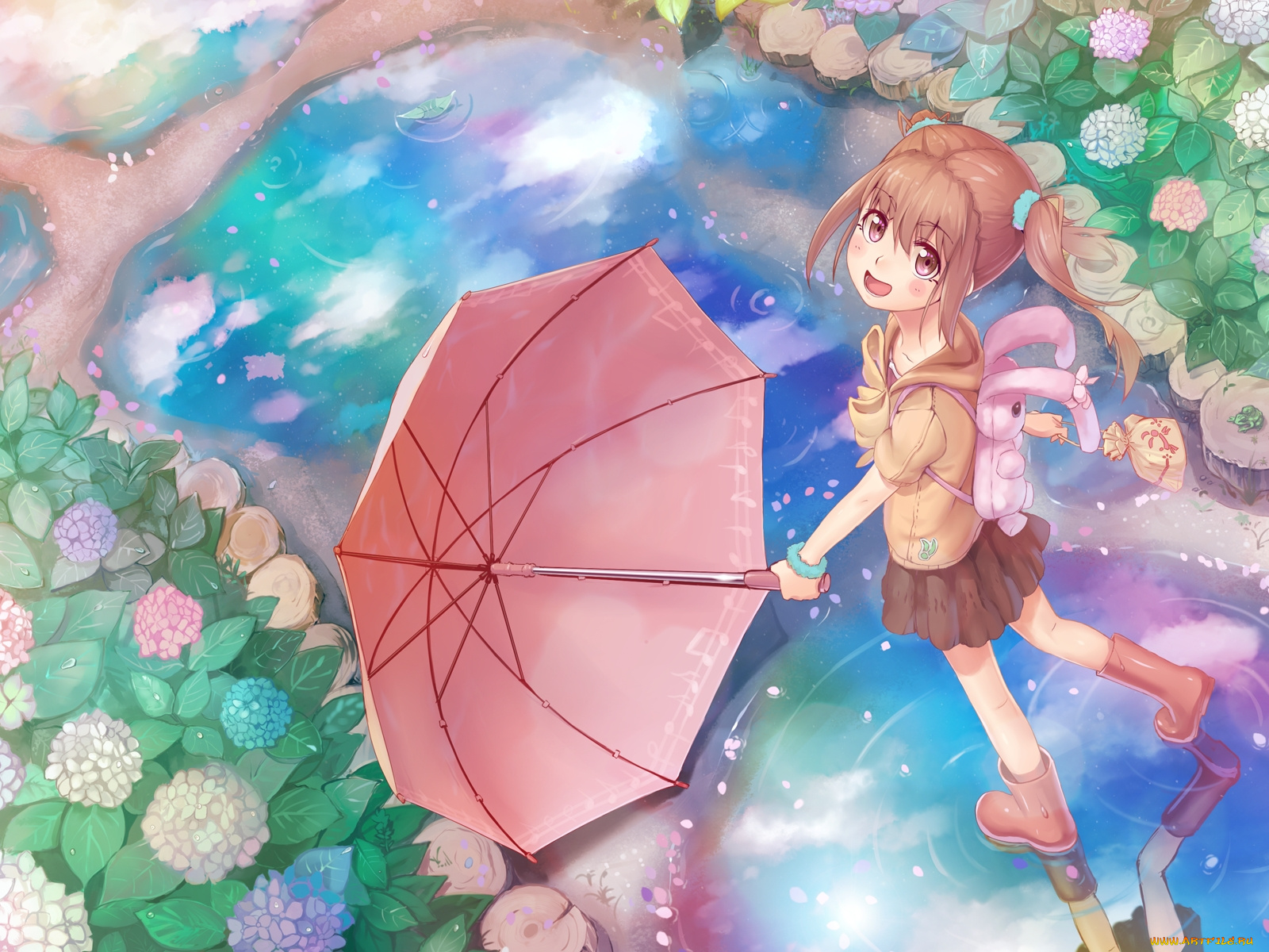 аниме, *unknown, другое, девушка, цветы, зонт