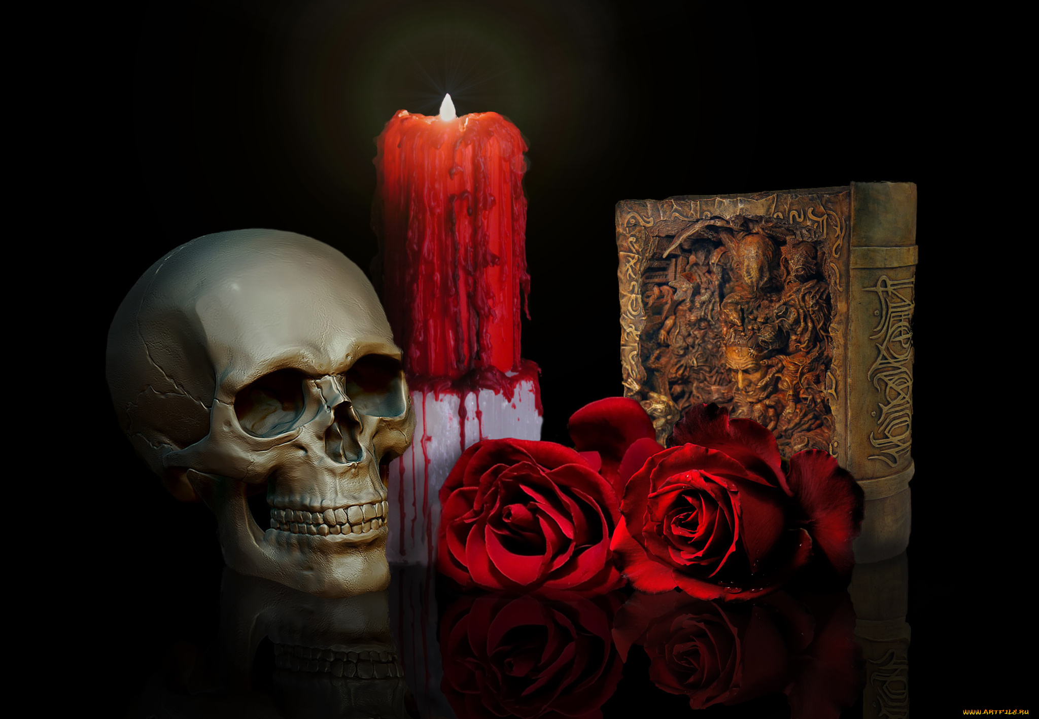 фэнтези, нежить, книга, розы, свеча, череп
