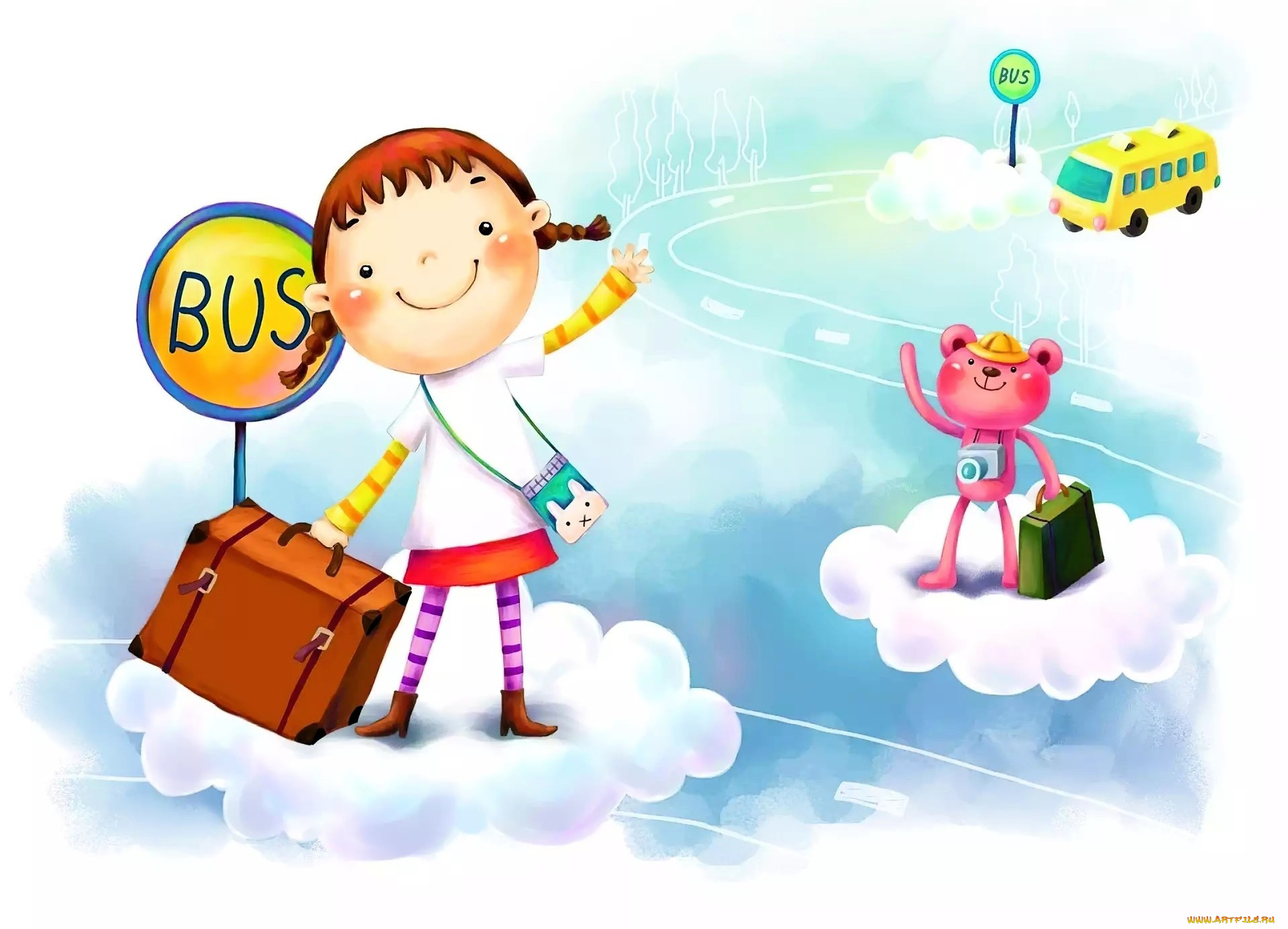рисованное, дети, девочка, мишка, облака, автобус, чемодан