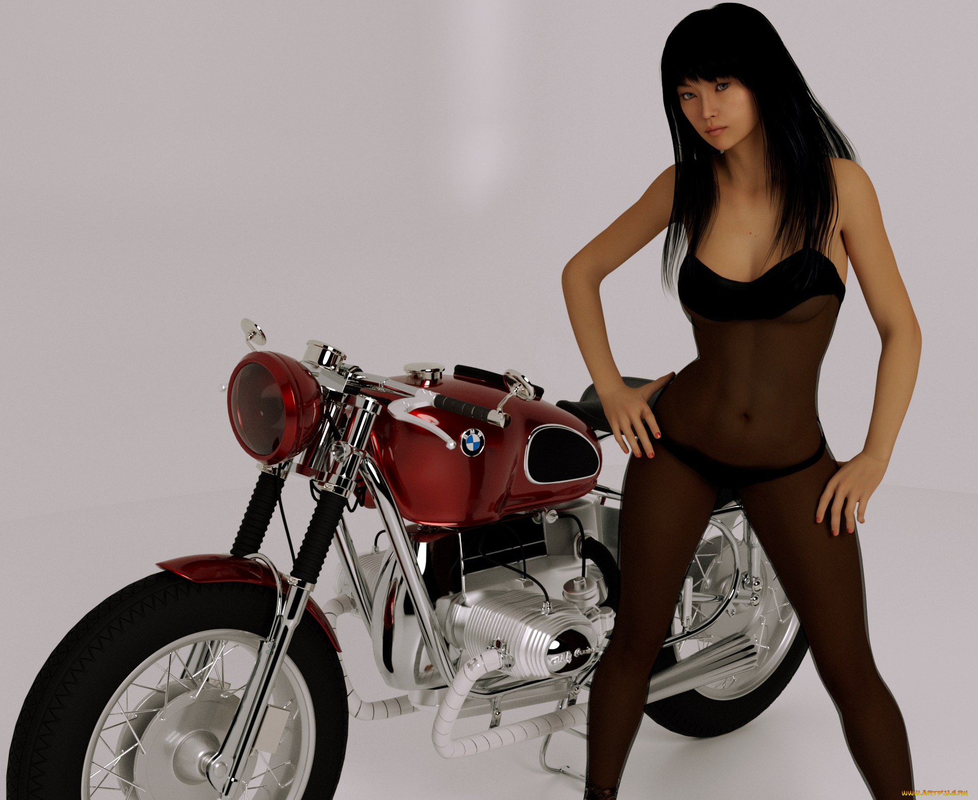 мотоциклы, 3d, мотоцикл, фон, взгляд, девушка
