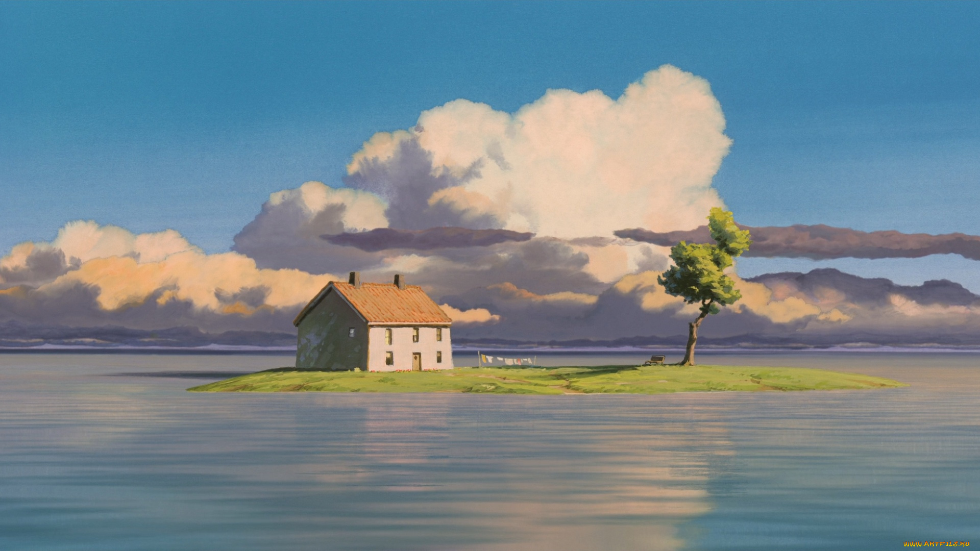 аниме, spirited, away, дом, остров, дерево, море, облака