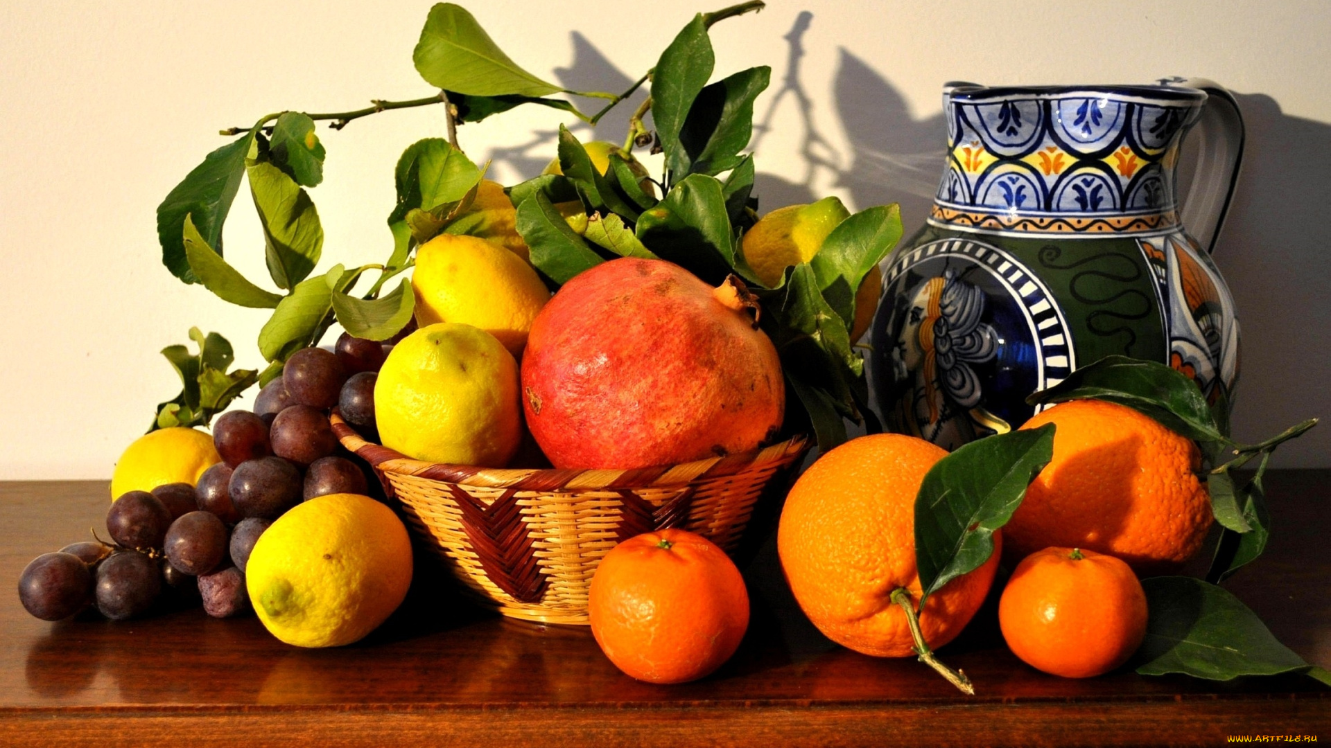 еда, фрукты, ягоды, апельсины, лимоны, мандарины, виноград, кувшин
