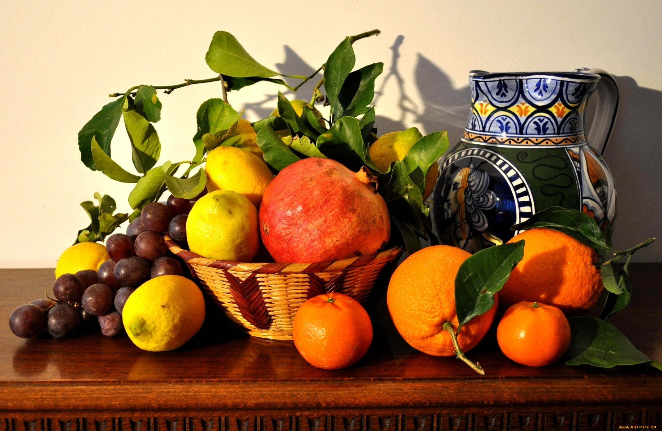еда, фрукты, ягоды, апельсины, лимоны, мандарины, виноград, кувшин