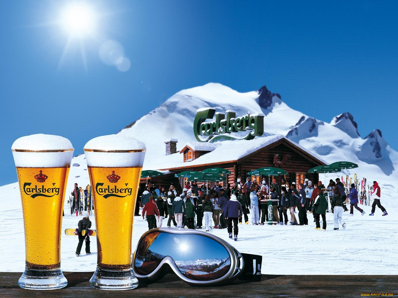 бренды, carlsberg, горы, солнце, очки, бокалы, пиво