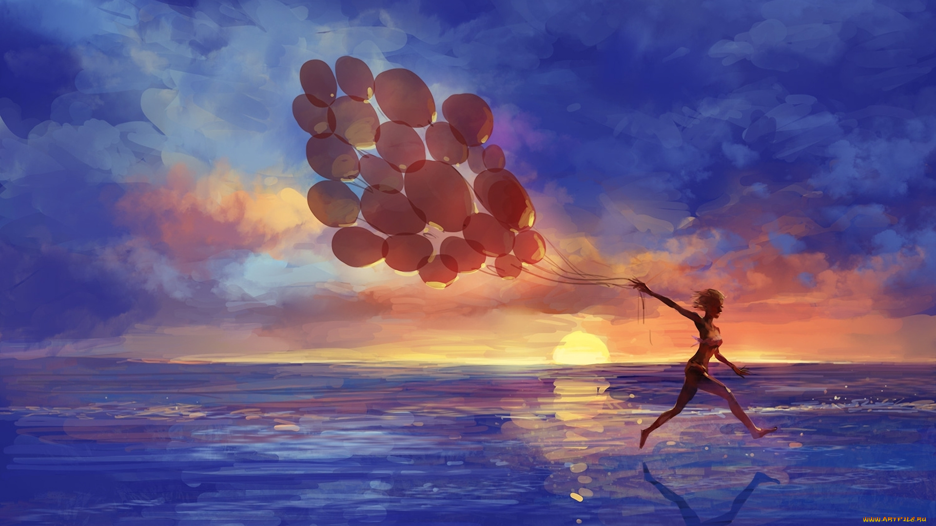 рисованные, дети, девочка, море, закат, воздушные, шары, настроение