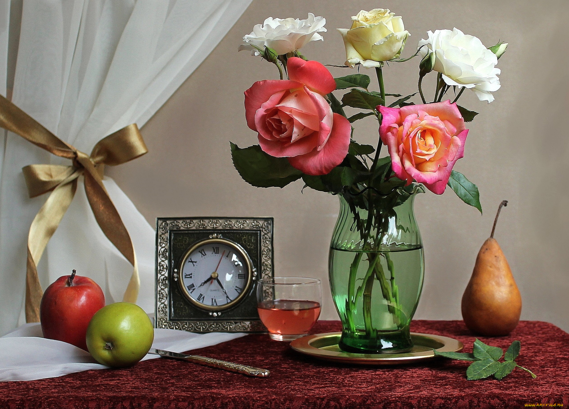 еда, натюрморт, розы, букет, часы, груши, яблоко