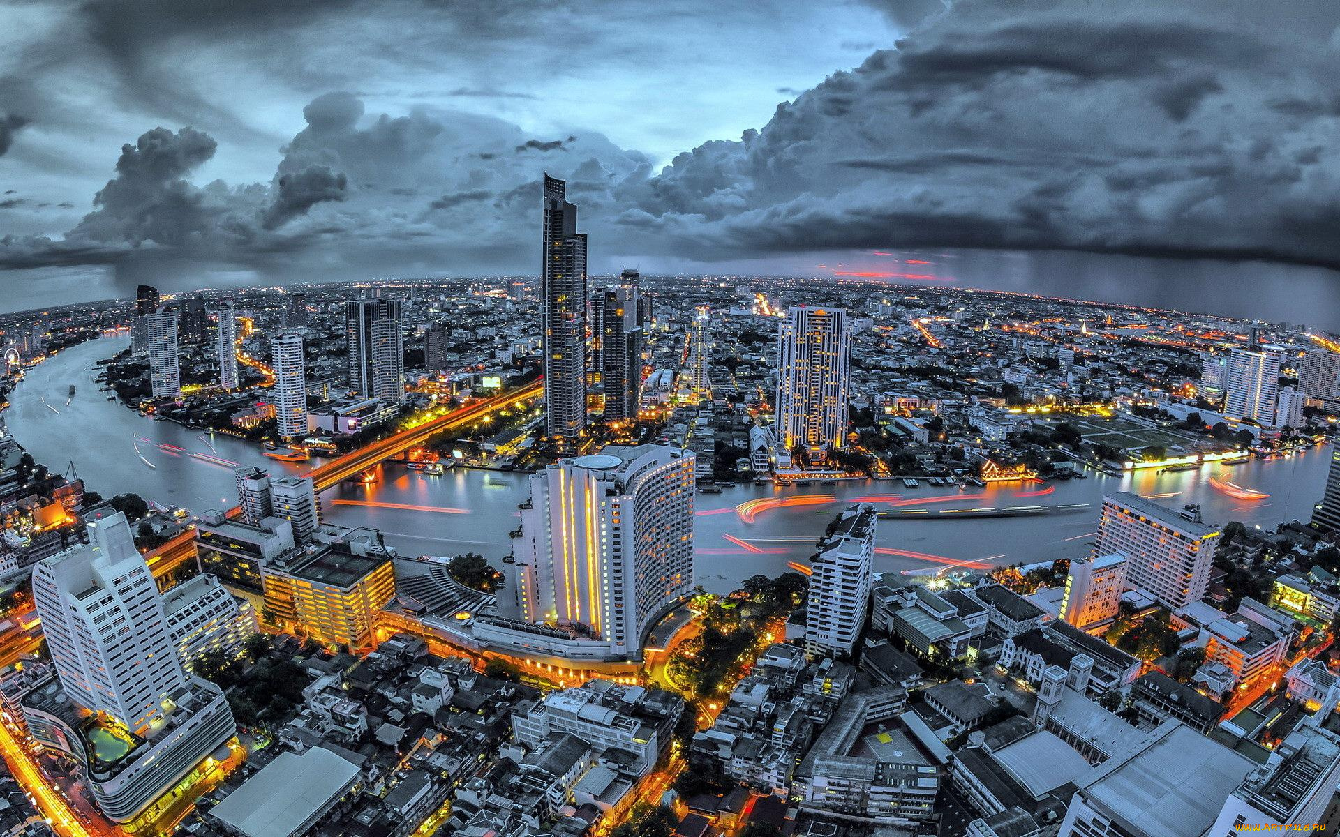 города, бангкок, , таиланд, панорама, здания, дома, река, огни, тучи, вечер, город, небо