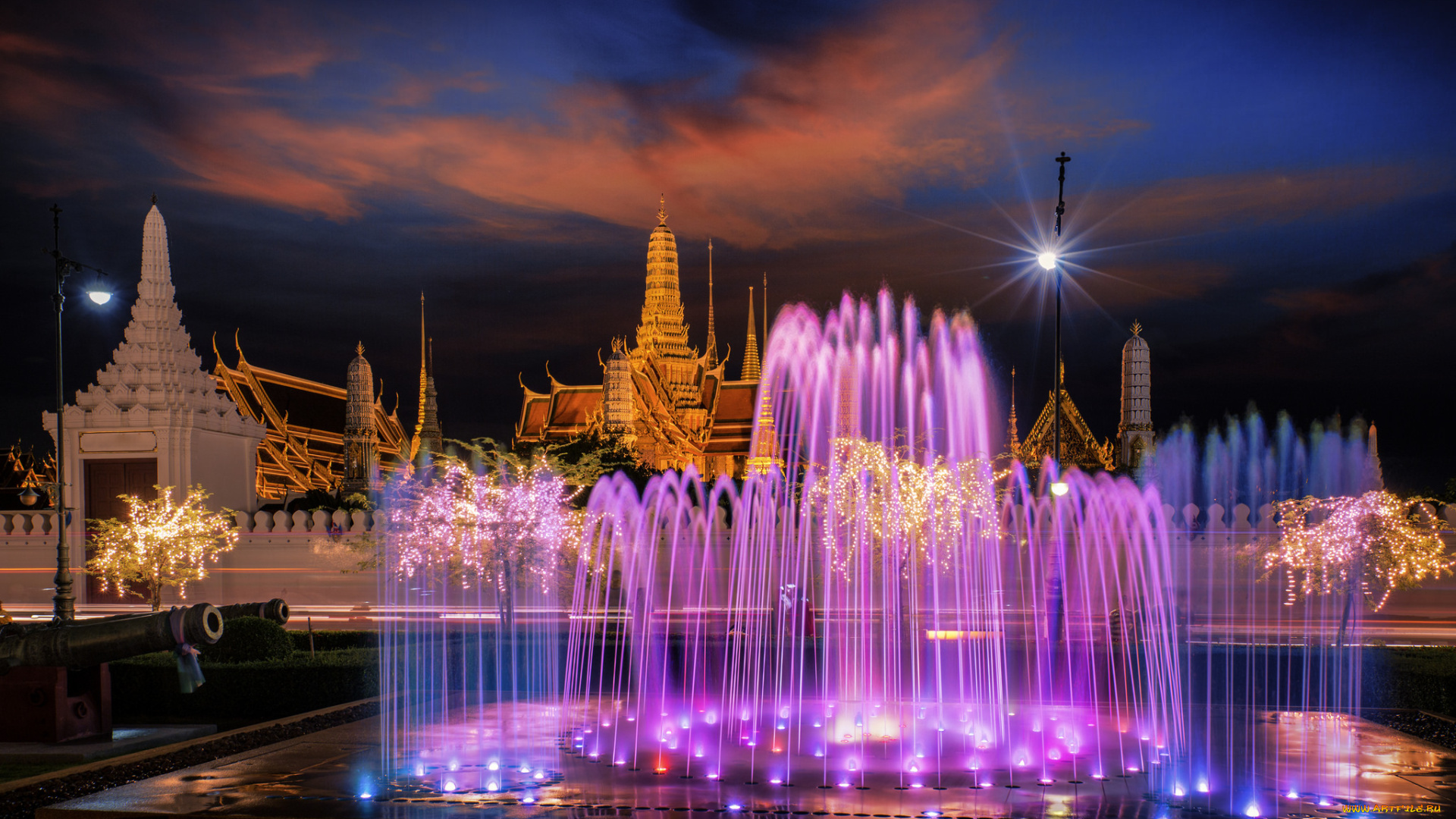 bangkok, города, бангкок, , таиланд, храм, ночь, фонтан