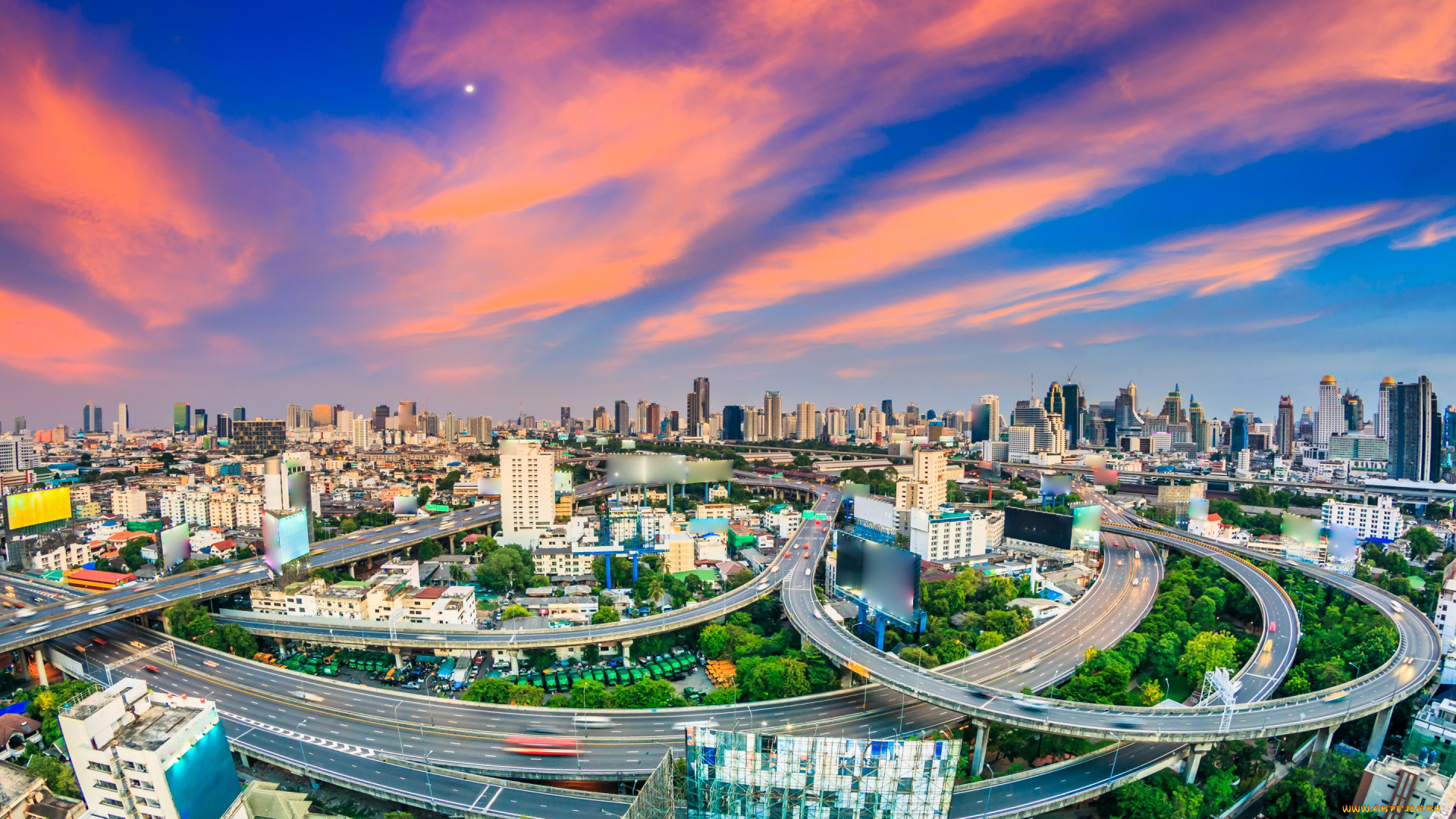 города, -, панорамы, мегаполис, bangkok, таиланд, зарево, облака, небо, дома, дороги, панорама