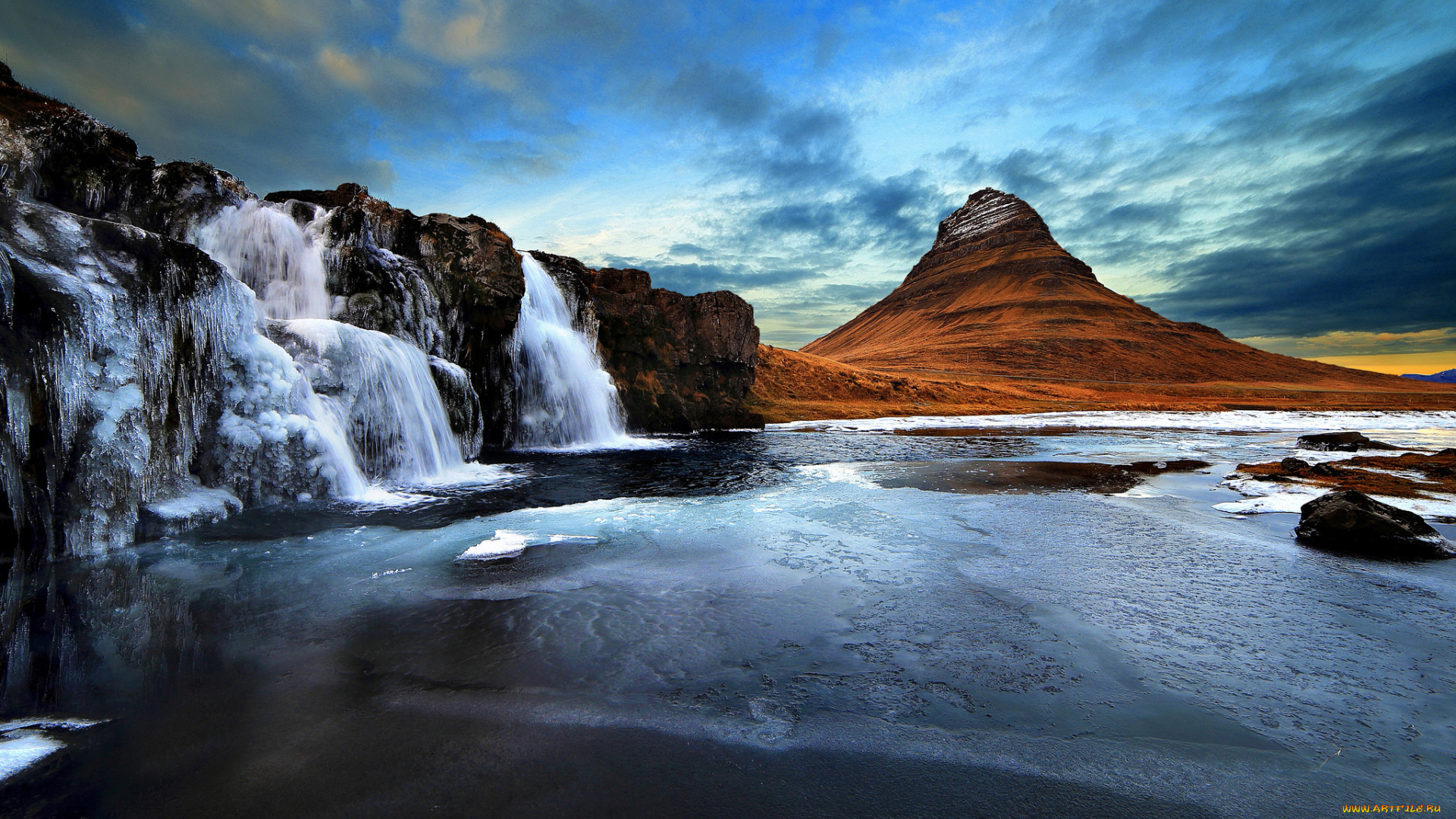 природа, водопады, небо, водопад, скалы, вулкан, гора, kirkjufell, исландия