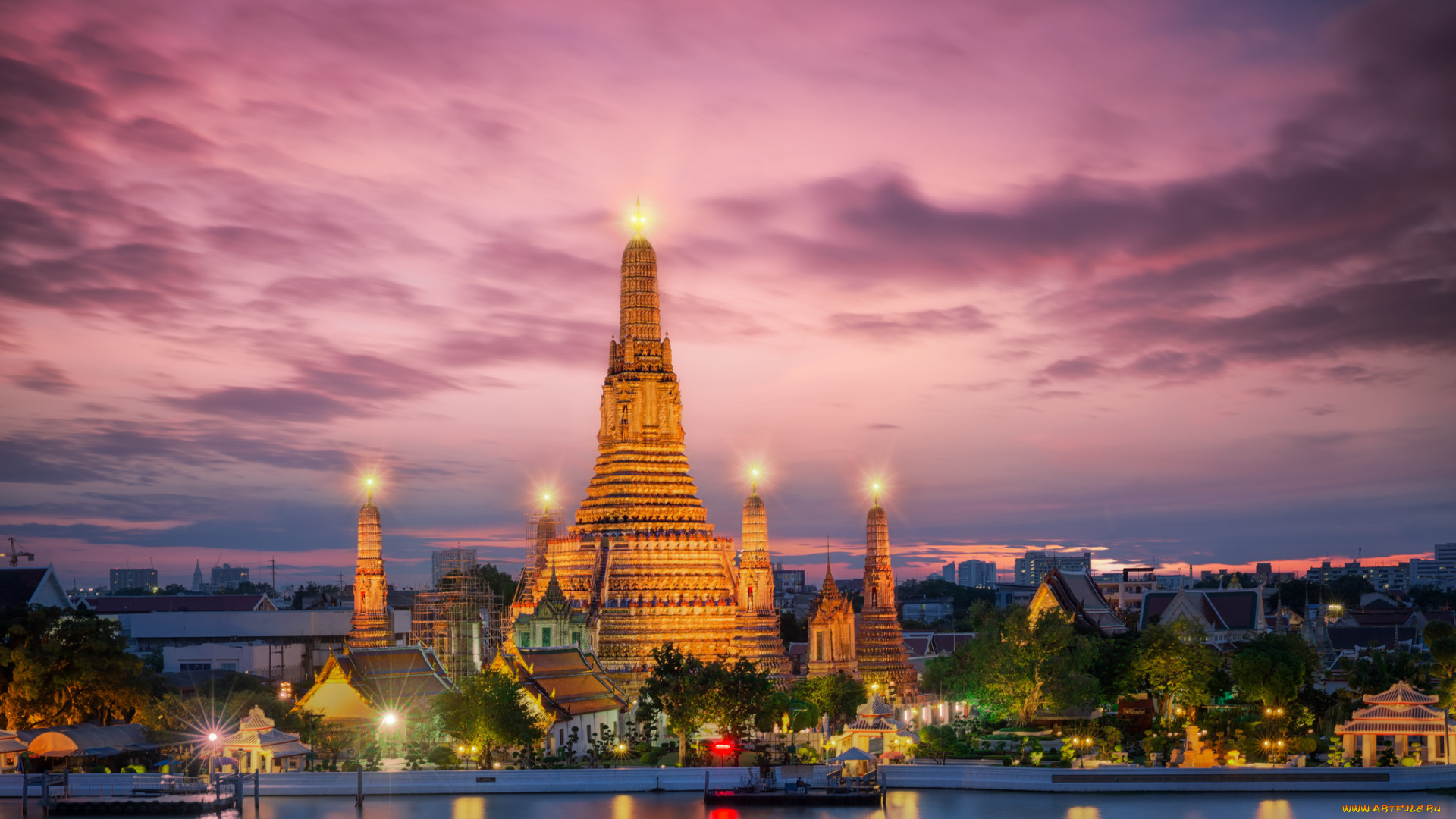 temple, in, bangkok, города, бангкок, , таиланд, ночь, река, храм, огни