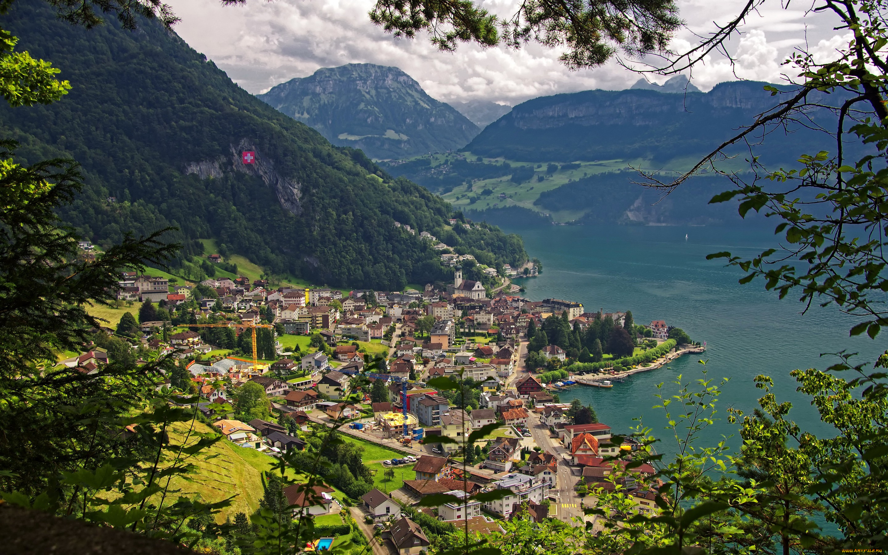 города, -, пейзажи, lake, lucerne, gersau, панорама, швейцария, поля, леса, озеро, горы
