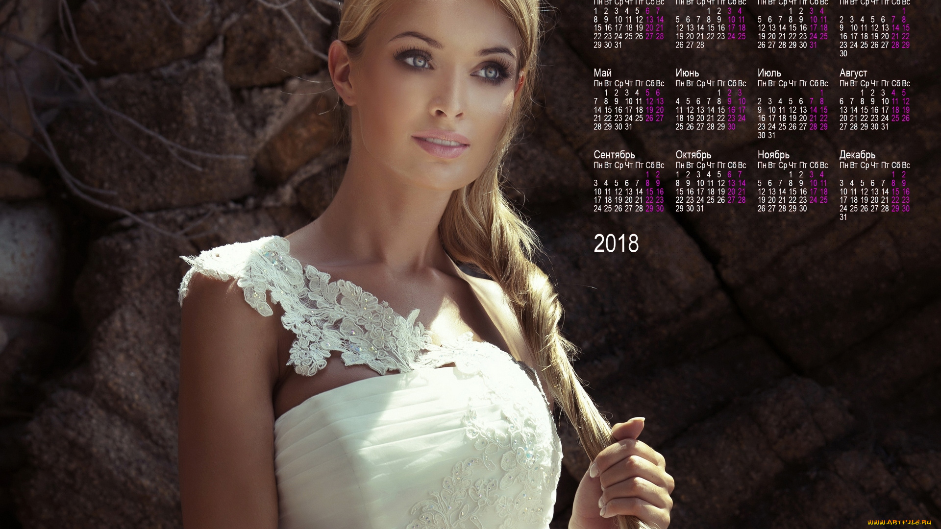 календари, девушки, белое, платье