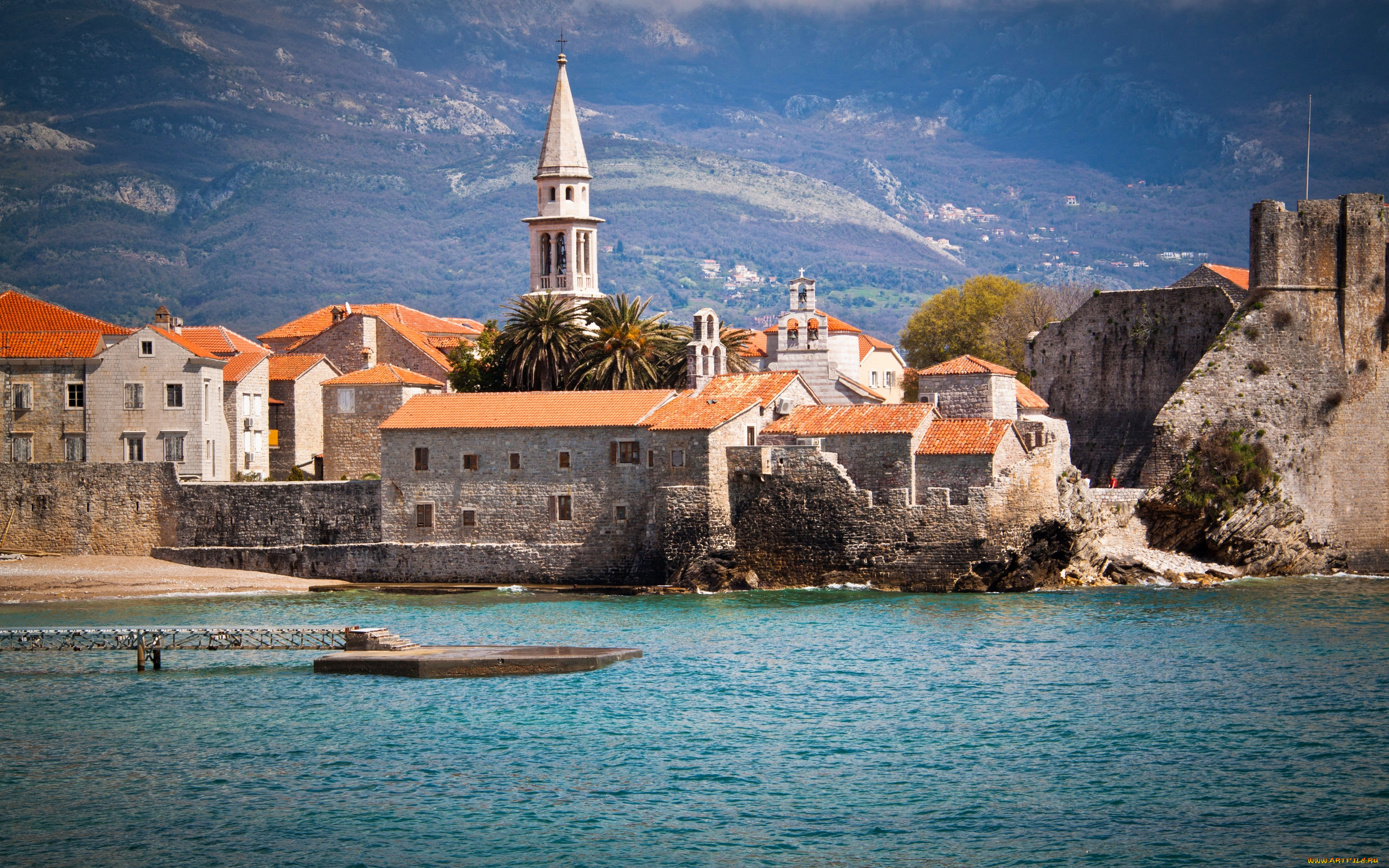 черногория, , будва, города, -, улицы, , площади, , набережные, здания, море, горы, дома, пирс