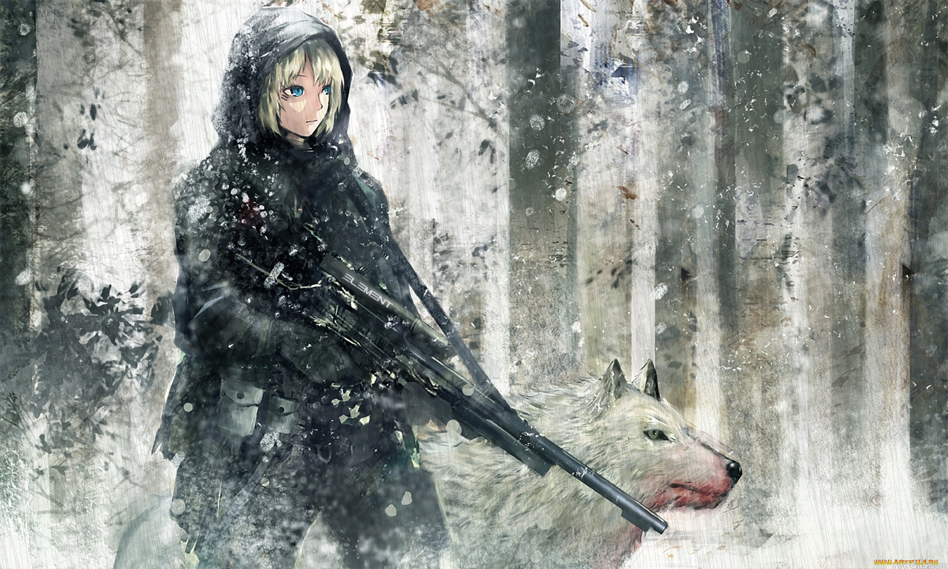 аниме, weapon, blood, technology, снег, зима, лес, охота, волк, оружие, охотник