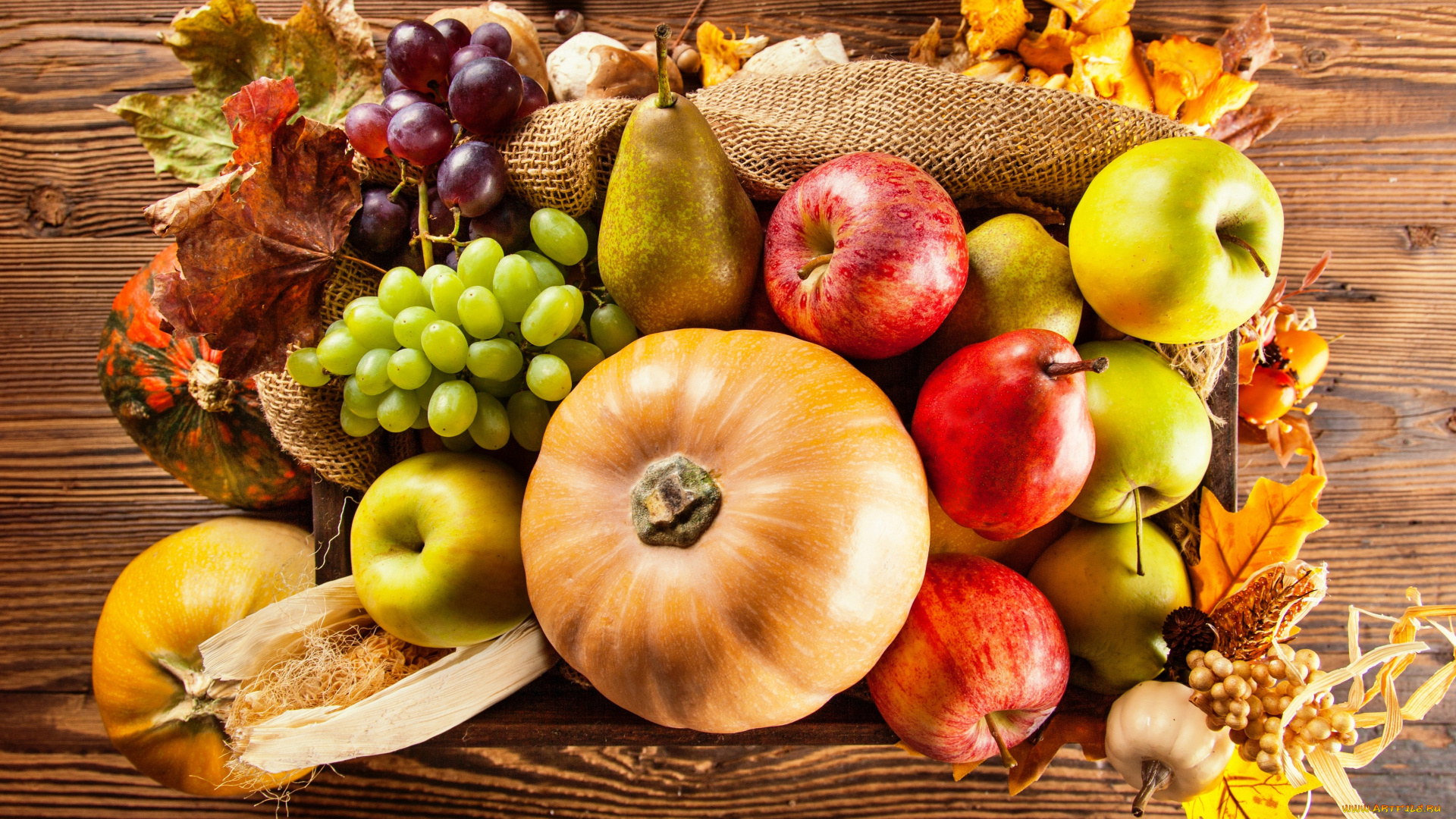 еда, фрукты, и, овощи, вместе, листья, виноград, груша, тыква, ящик