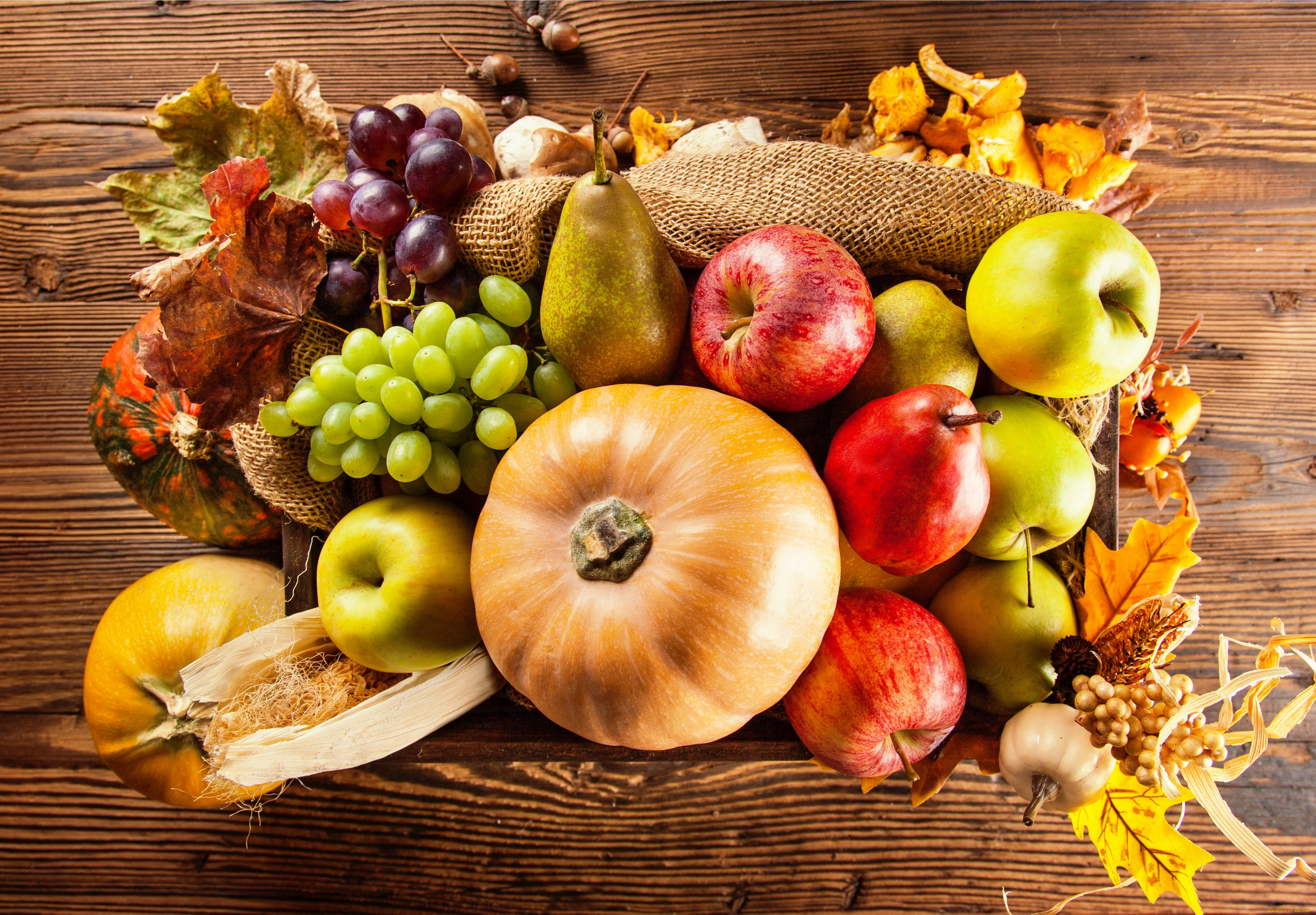еда, фрукты, и, овощи, вместе, листья, виноград, груша, тыква, ящик