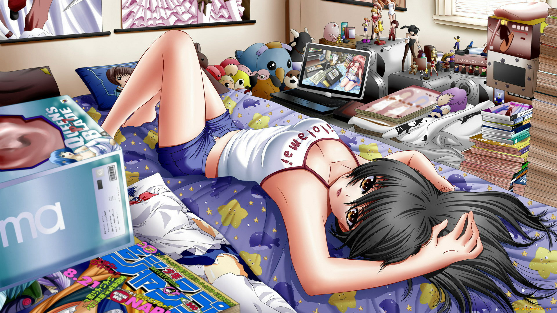 аниме, weapon, blood, technology, книги, кровать, девушка