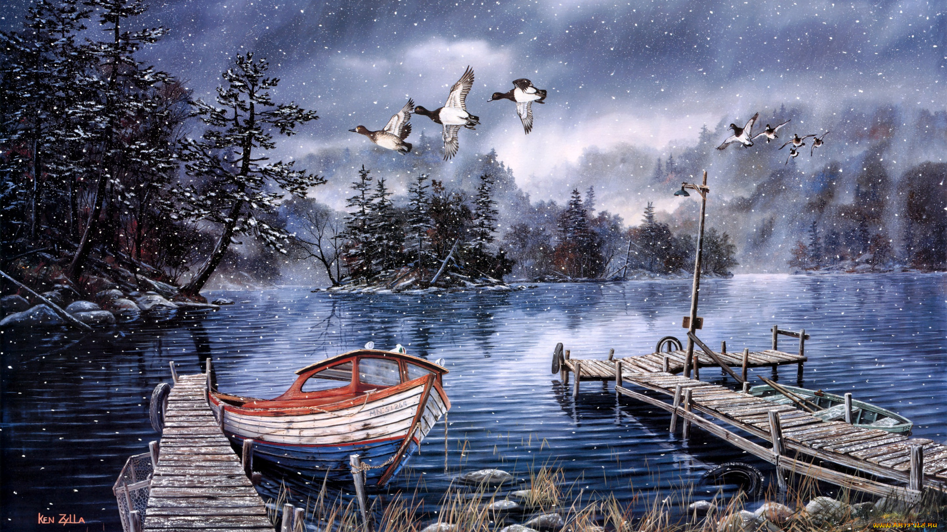 lake, of, the, woods, рисованные, ken, zylla, осень, поздняя, снег, первый