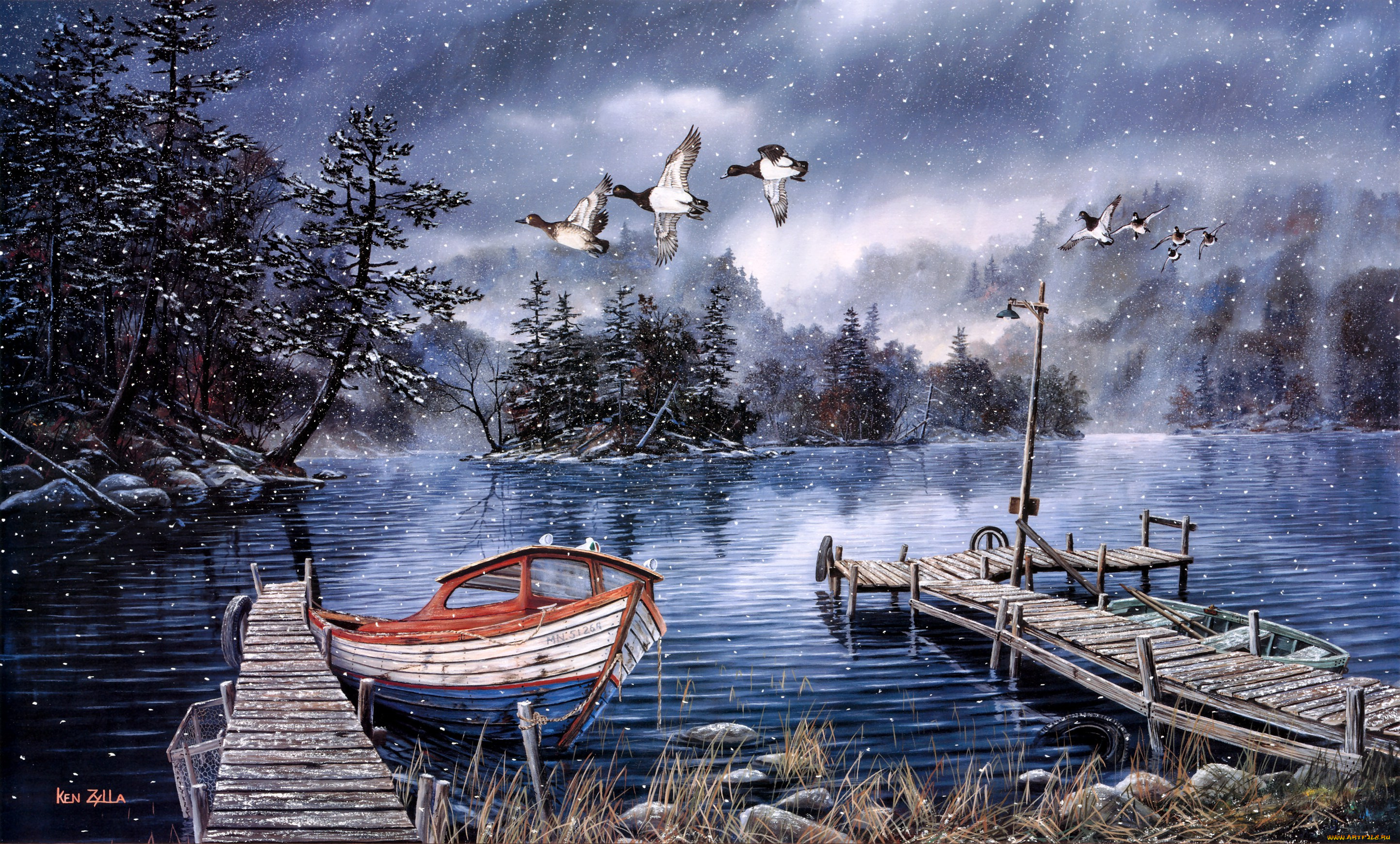 lake, of, the, woods, рисованные, ken, zylla, осень, поздняя, снег, первый