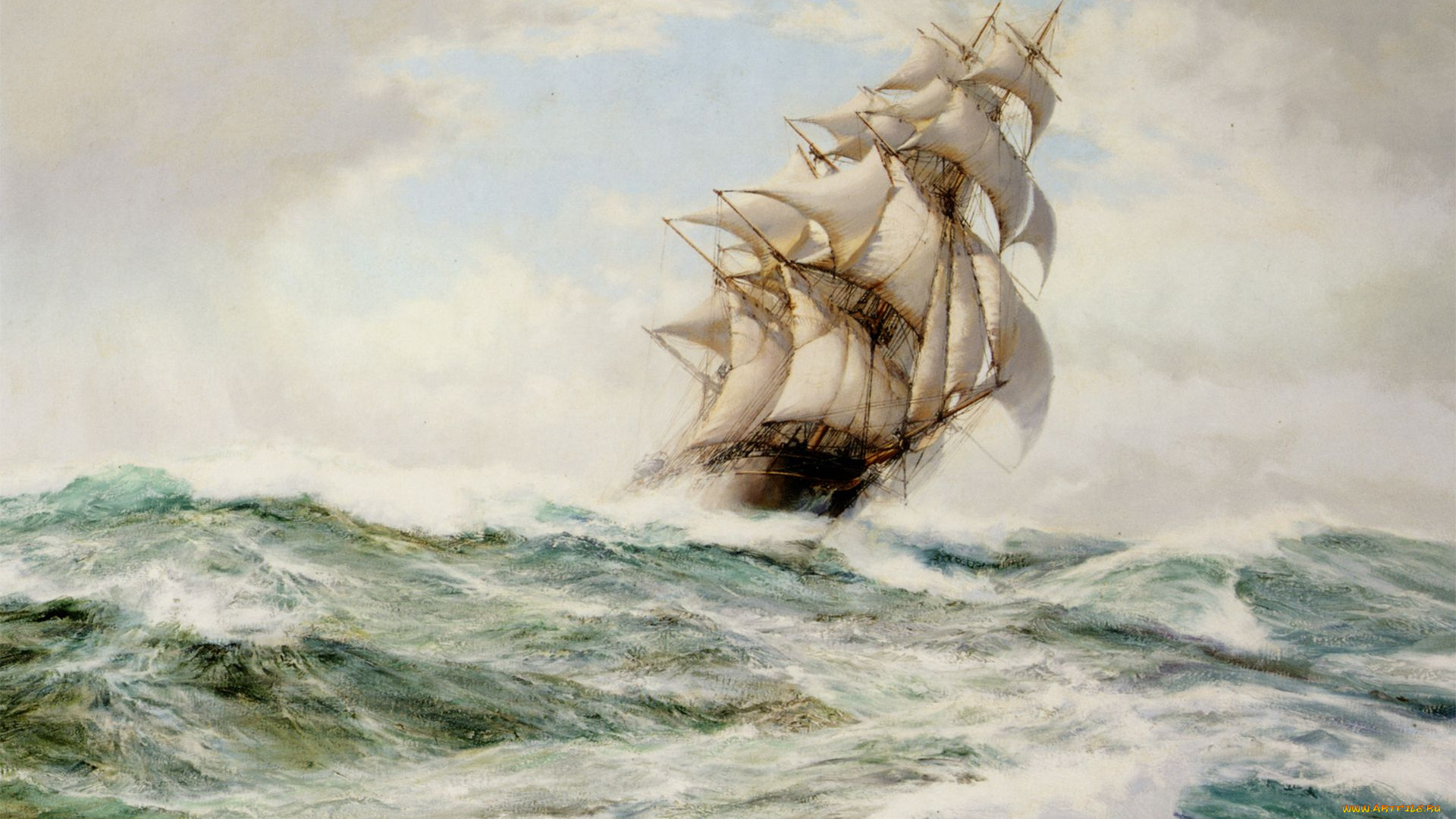 montague, dawson, рисованные, море, парусник