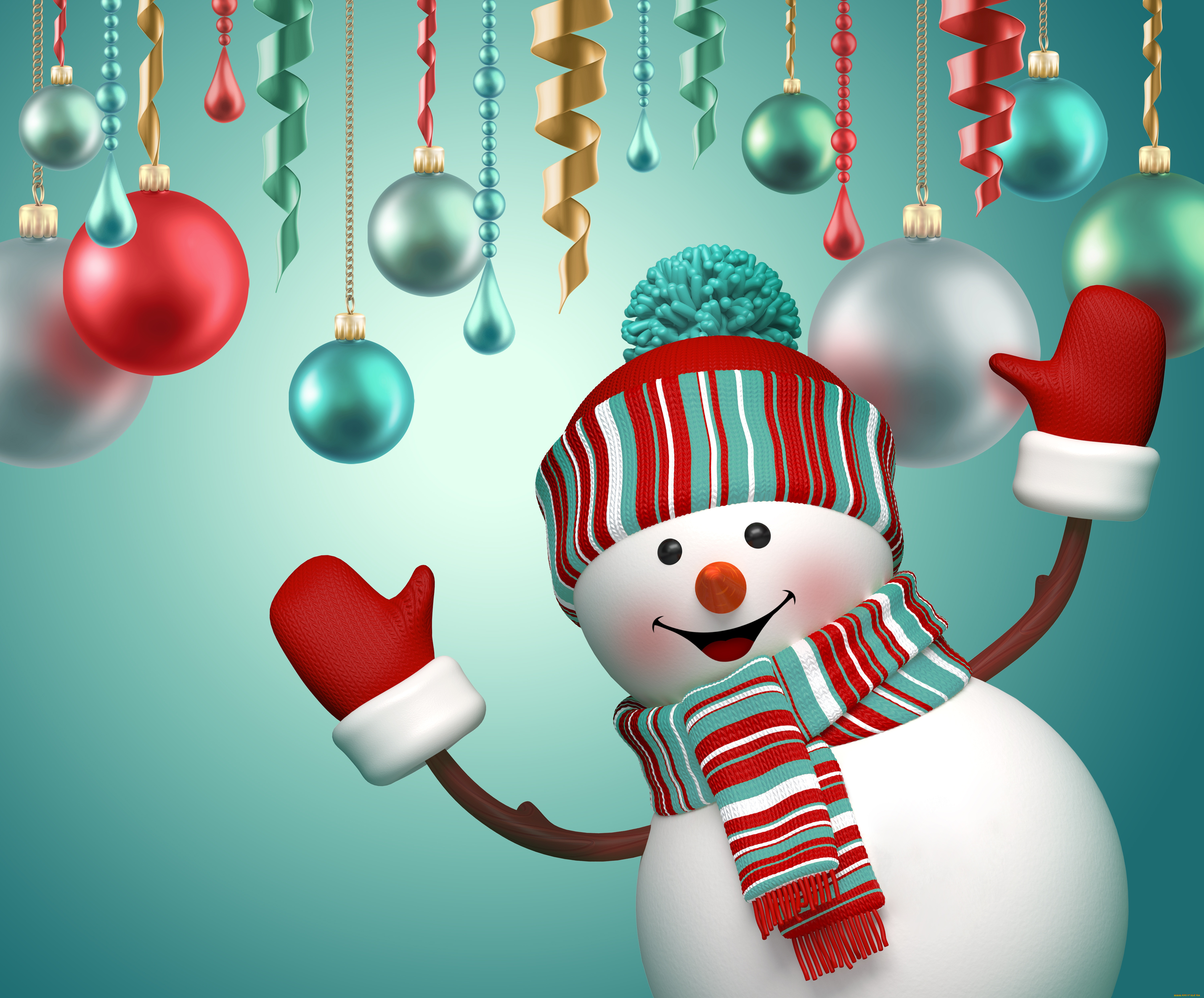 праздничные, 3д, графика, , новый, год, snowman, 3d, cute, merry, christmas, new, year, decoration, снеговик, новый, год, рождество, шары