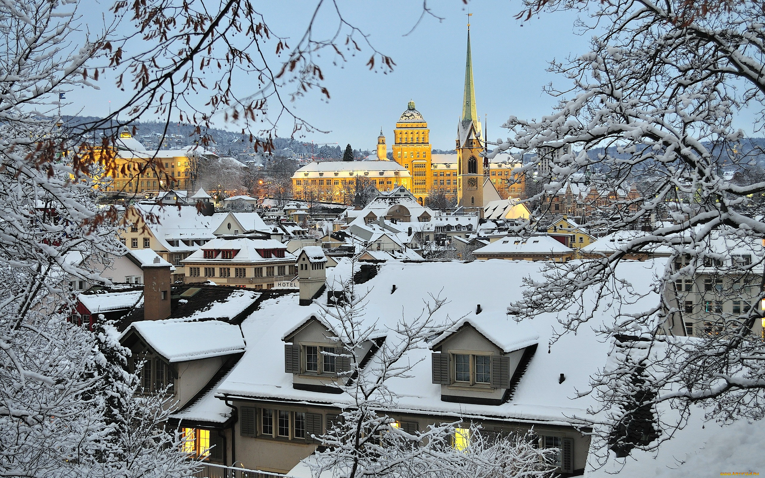 города, цюрих, , швейцария, снег, зима, крыши