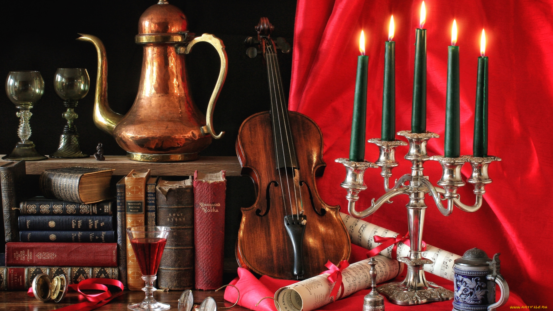 музыка, -музыкальные, инструменты, скрипка, книги, кофейник, натюрморт, очки, вино, ноты, бокал, свечи, колокольчик