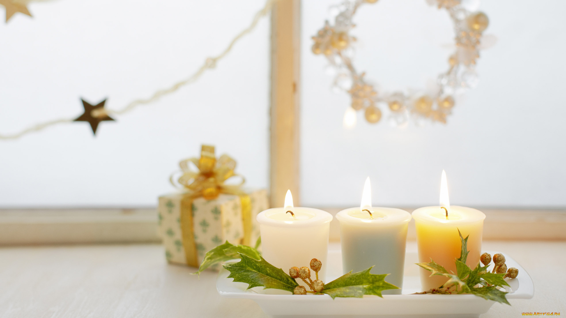 праздничные, новогодние, свечи, свечи, украшения, коробка, окно