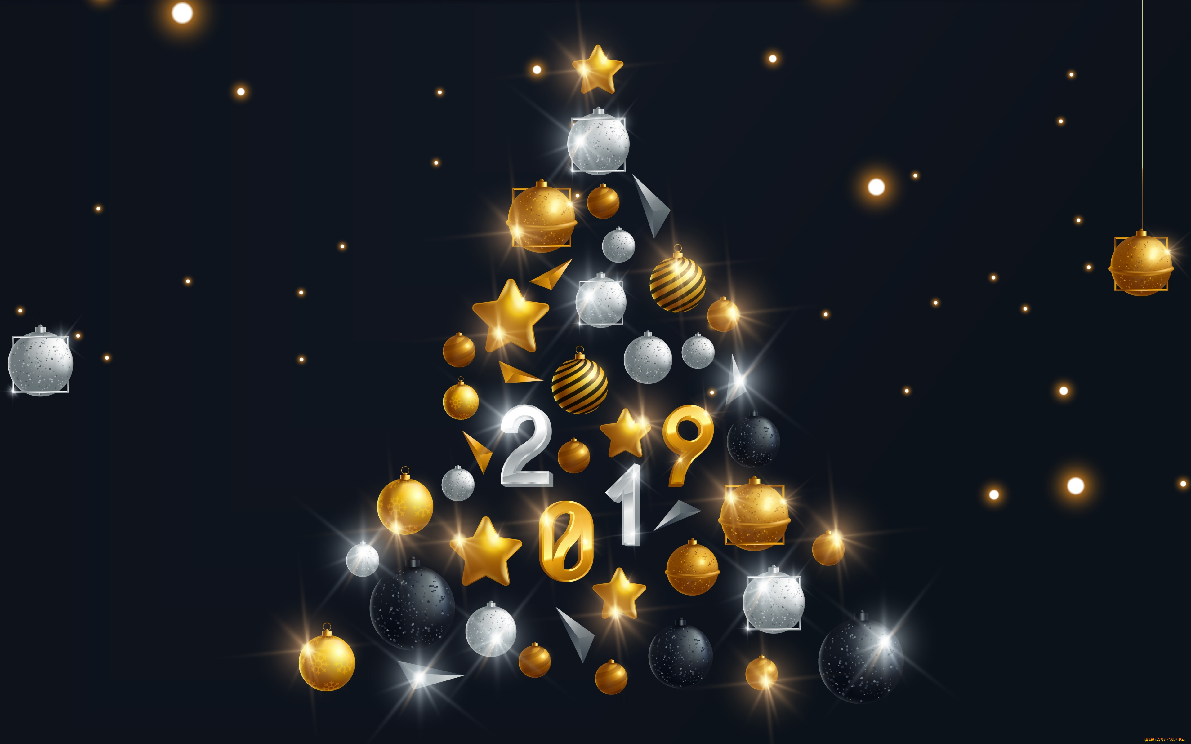 с, новым, 2019, годом, праздничные, 3д, графика, , новый, год, новогодняя, елка, 4к, золотые, украшения, из, шариков, с, новым, годом
