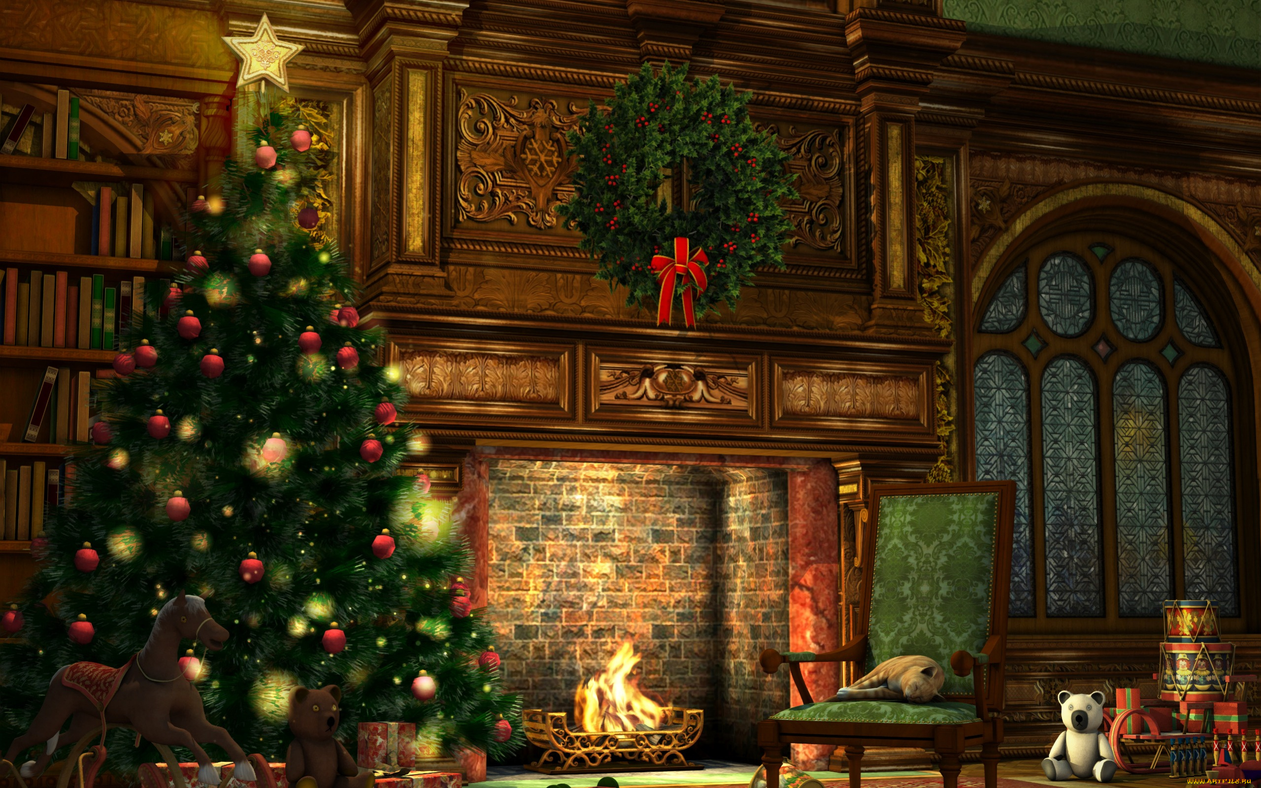 праздничные, новогодний, очаг, подарки, елка, камин