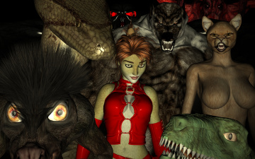 Картинка 3д+графика fantasy+ фантазия девушки кошки змеи существа