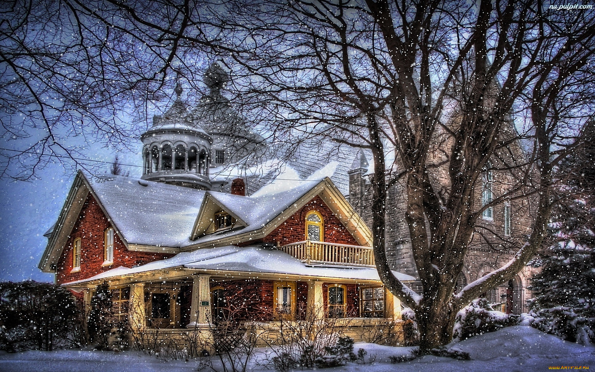 усадьба, зимняя, города, -, здания, , дома, красота, снежинки, усадьба, снег, волшебство