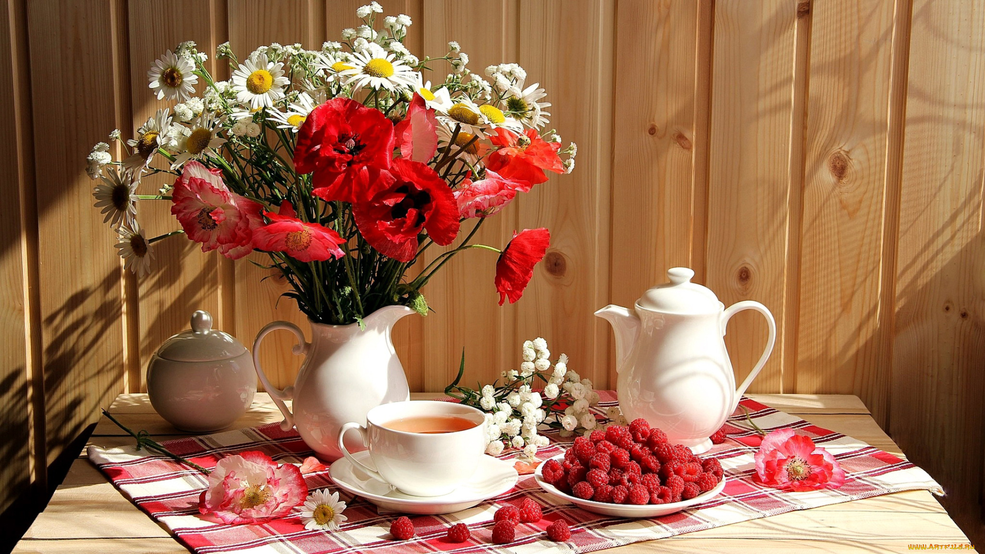 еда, малина, цветы, букет, чай, ягоды