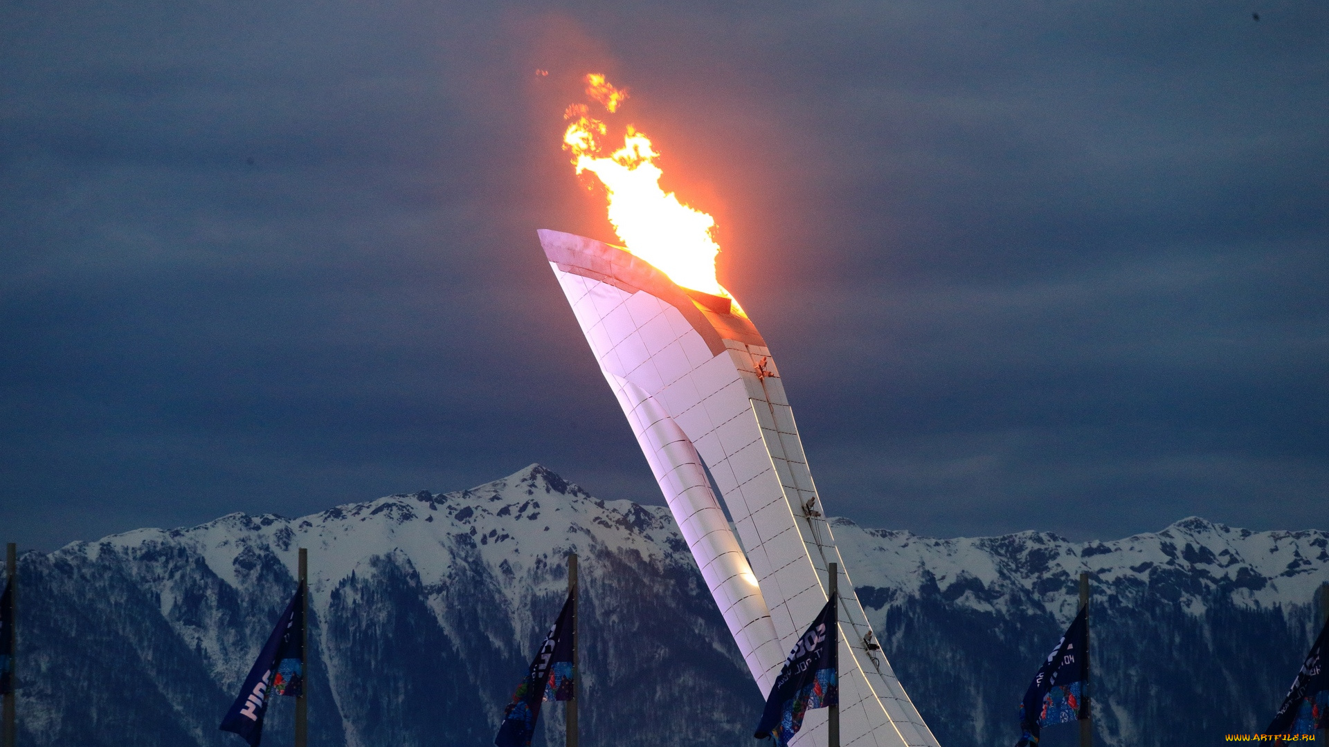 спорт, другое, ночь, олимпийский, огонь, природа, горы, сочи, 2014