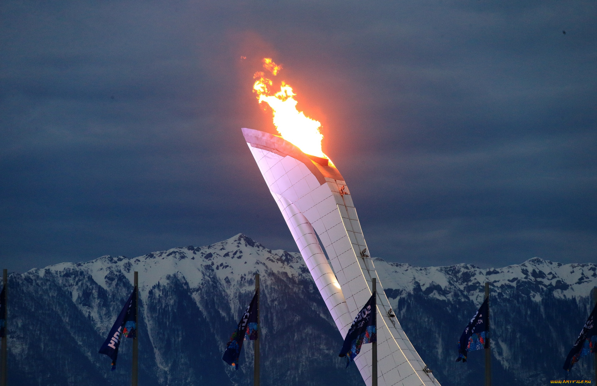 спорт, другое, ночь, олимпийский, огонь, природа, горы, сочи, 2014