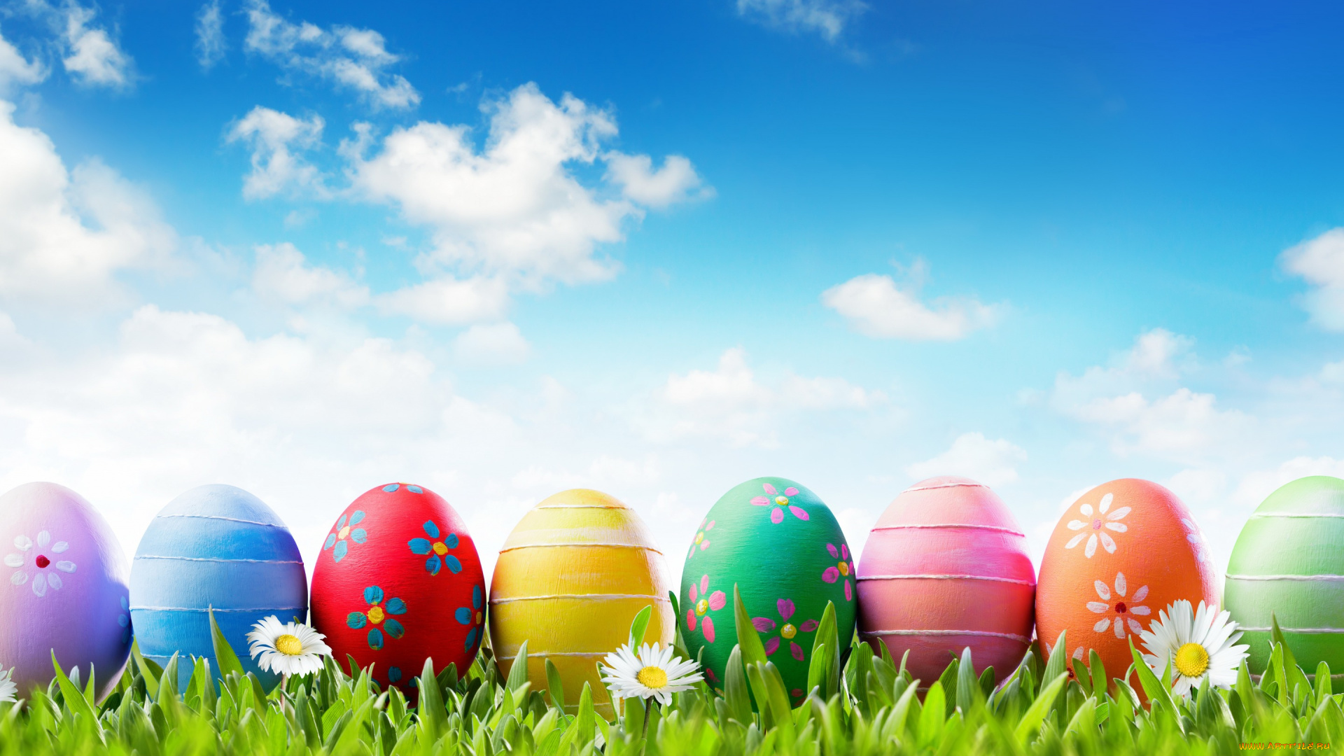 праздничные, пасха, весна, трава, небо, decoration, easter, солнце, flowers, яйца, крашеные, happy, spring, eggs, цветы