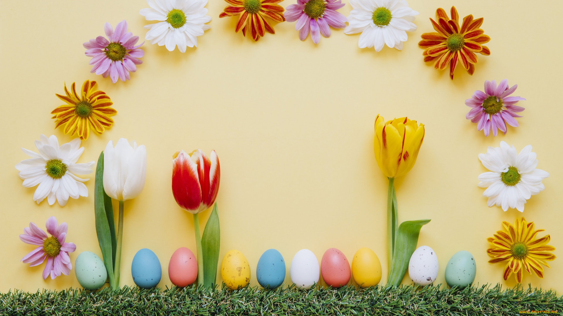 праздничные, пасха, яйца, крашеные, decoration, happy, хризантемы, tulips, тюльпаны, easter, colorful, трава, весна, цветы, eggs, spring, flowers