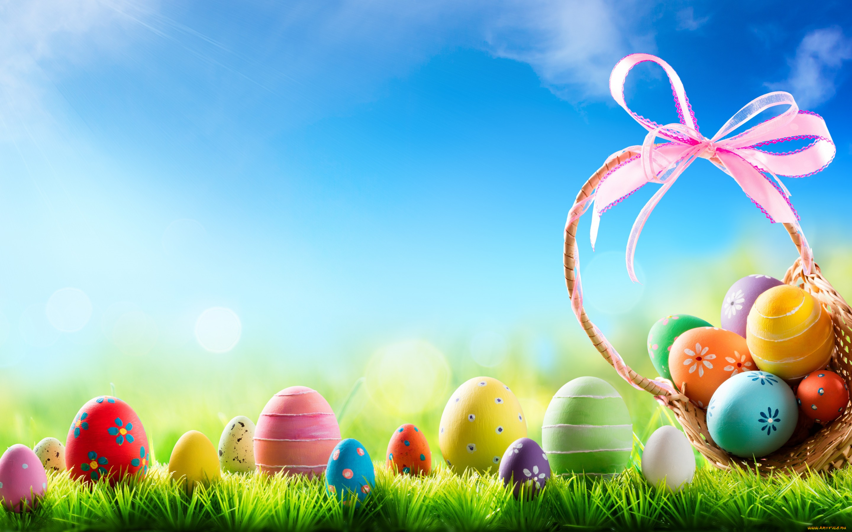 праздничные, пасха, весна, корзина, decoration, easter, трава, солнце, яйца, крашеные, eggs, flowers, spring, happy, цветы