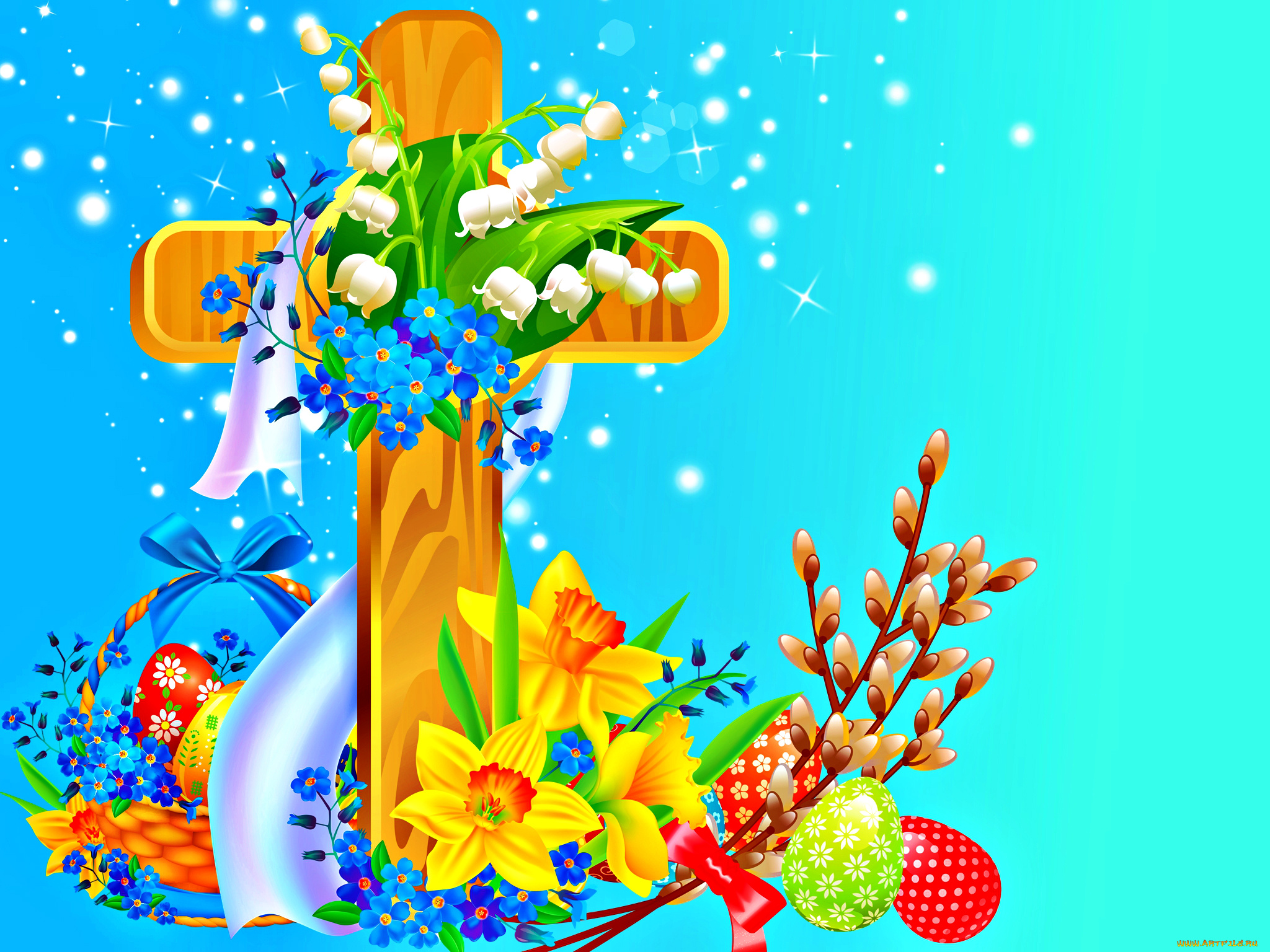 праздничные, пасха, корзина, яйца, цветы, крест, лоза