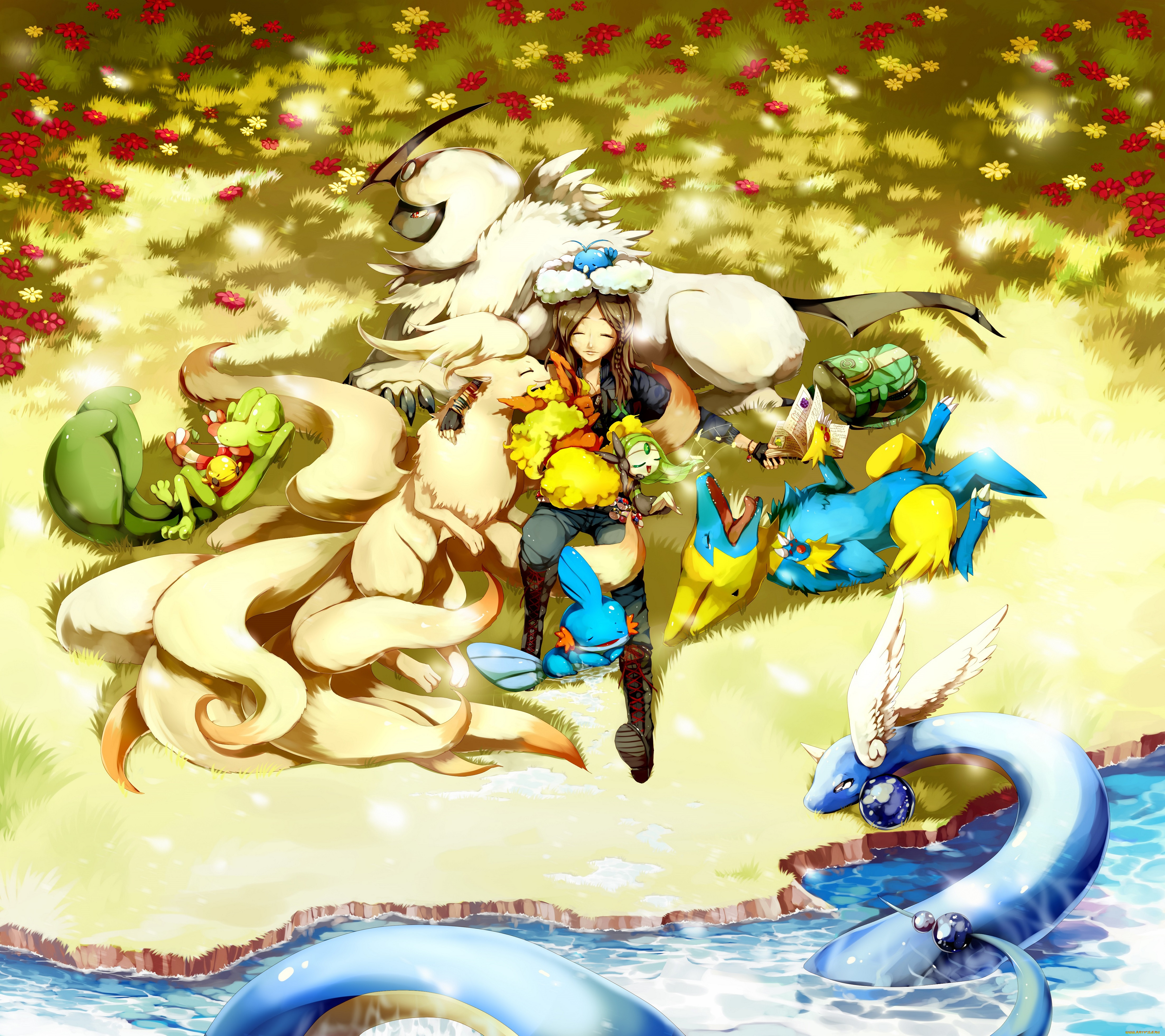 аниме, pokemon, поляна, цветы, покемоны, девушка, разные, трава, арт, озеро, вода, идиллия, лежат