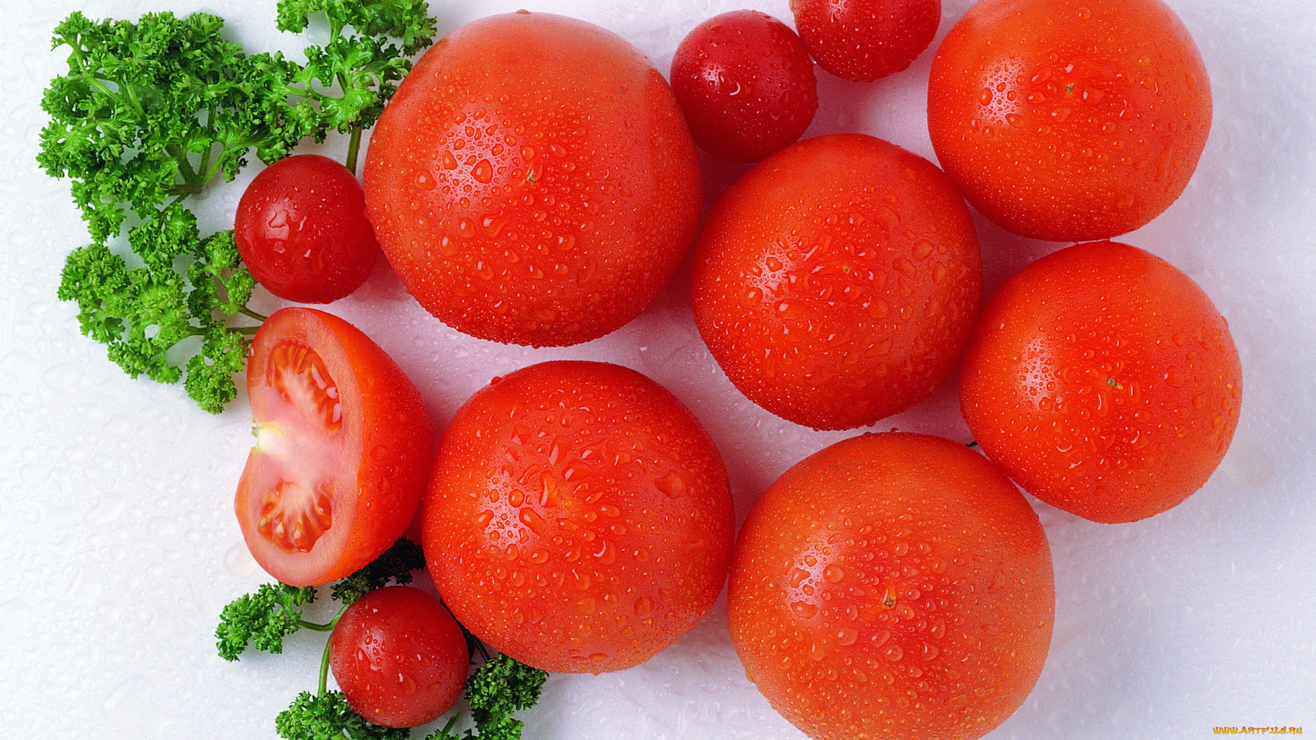 еда, помидоры, красные, спелые, томаты, капли, петрушка