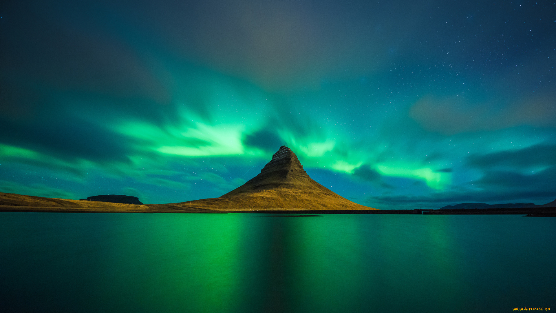 природа, северное, сияние, iceland, reflection, aurora, borealis, kirkjufell, исландия