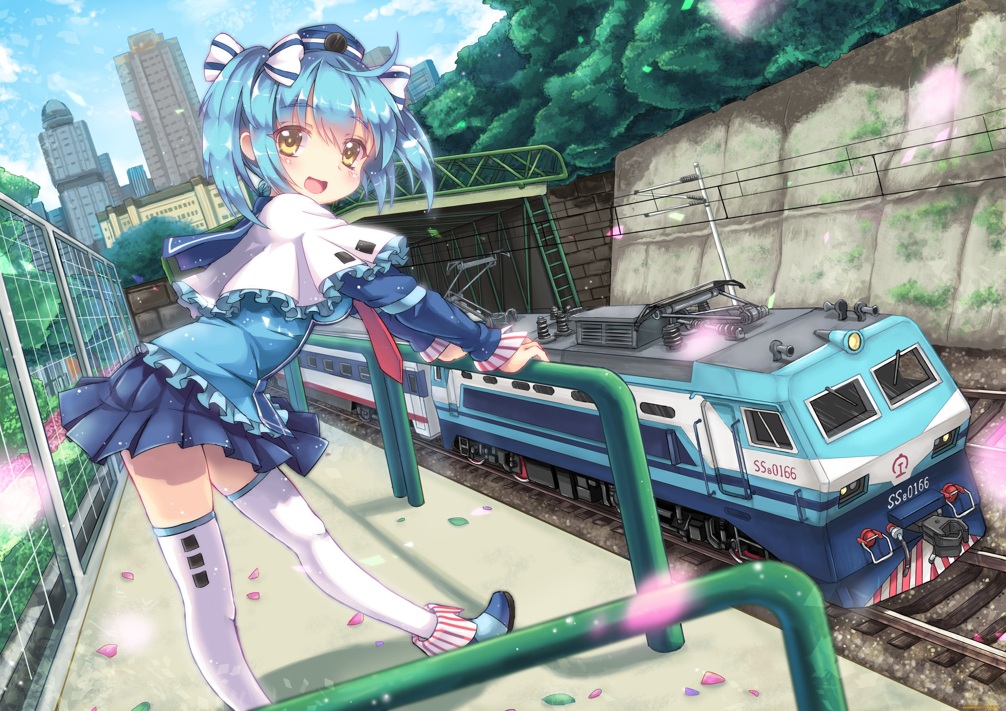 аниме, -weapon, , blood, &, technology, деревья, синие, волосы, поезд, улыбка, девушка, арт