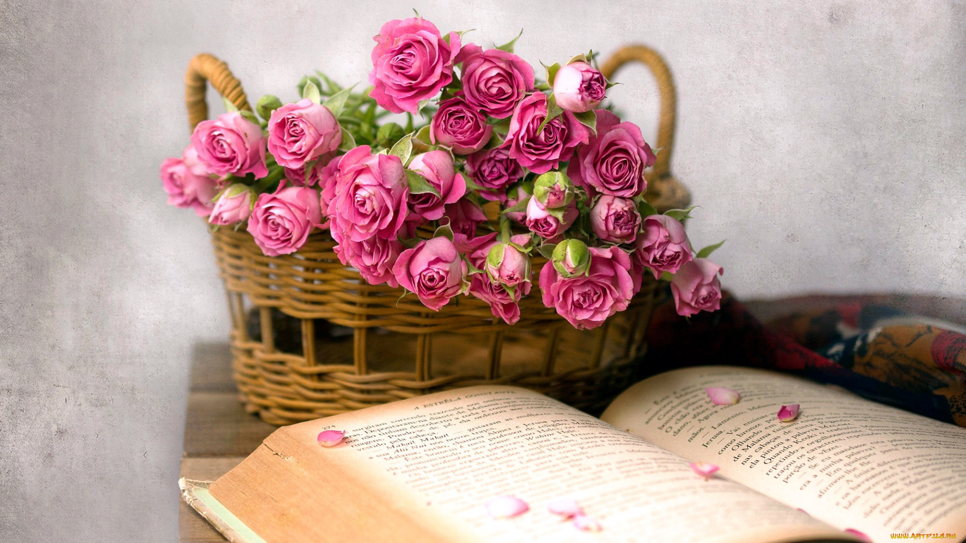 цветы, розы, корзинка, книга
