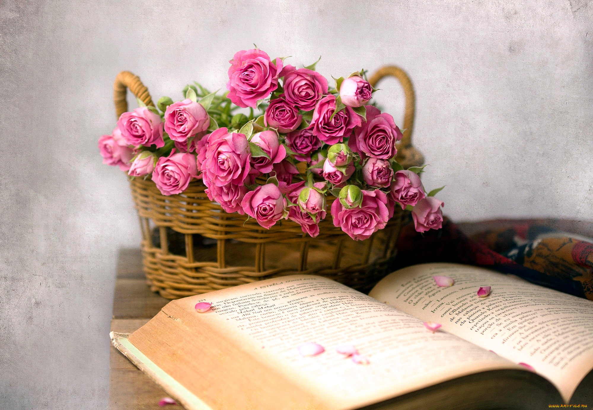 цветы, розы, корзинка, книга