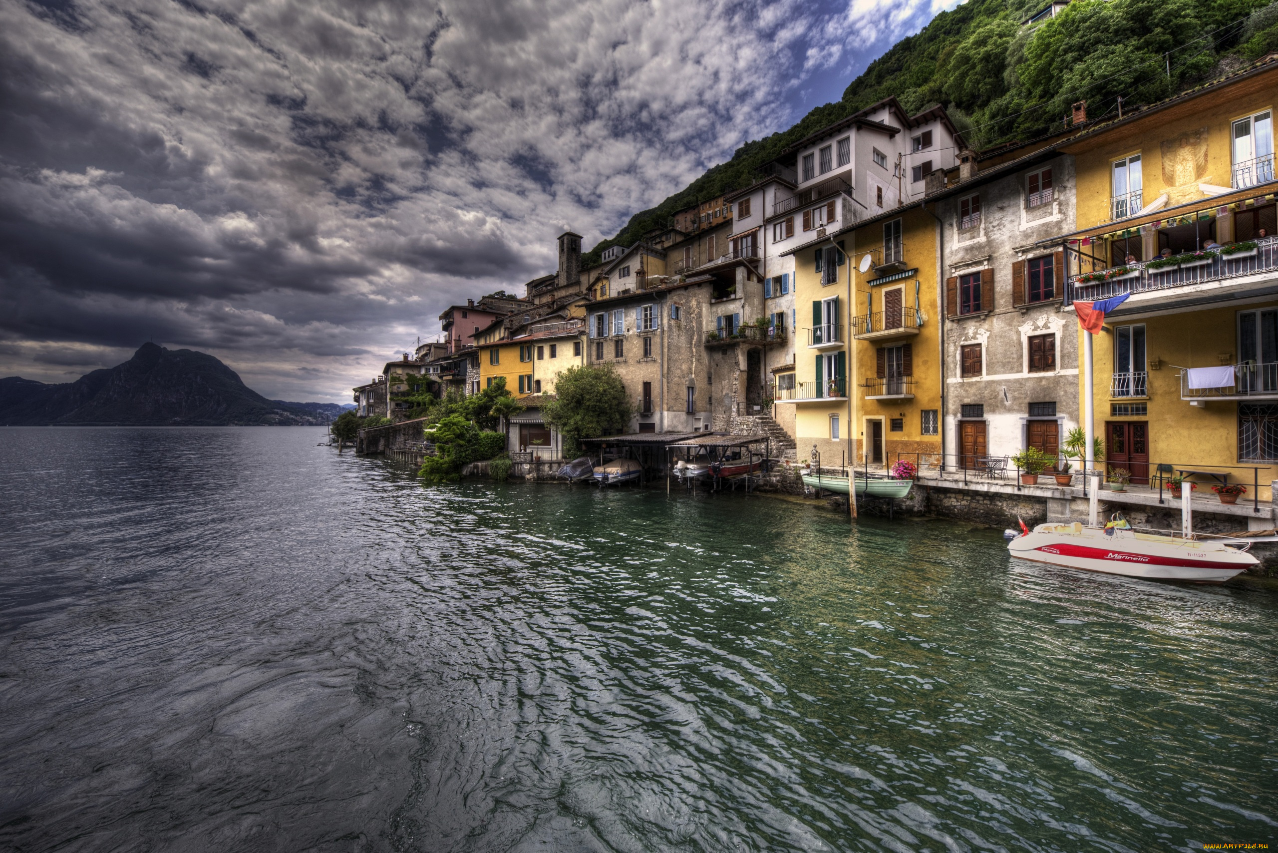 switzerland, , lake, marinas, , village, gandria, города, -, улицы, , площади, , набережные, дома, озеро, горы, тучи, небо, швейцария