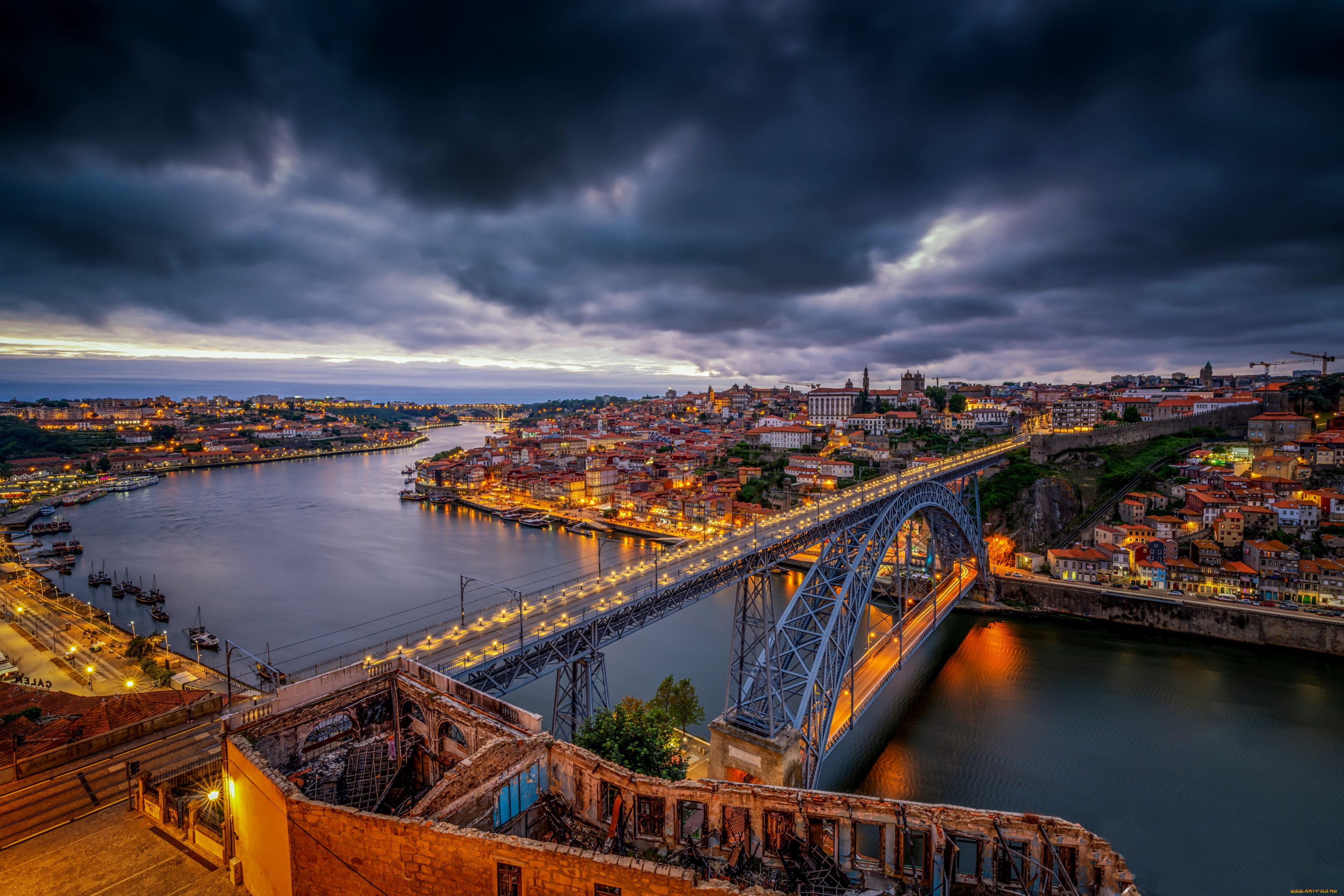 города, порту, , португалия, vila, nova, de, gaia, река, дуэро, porto, порту, ночной, город, douro, river, мост, portugal