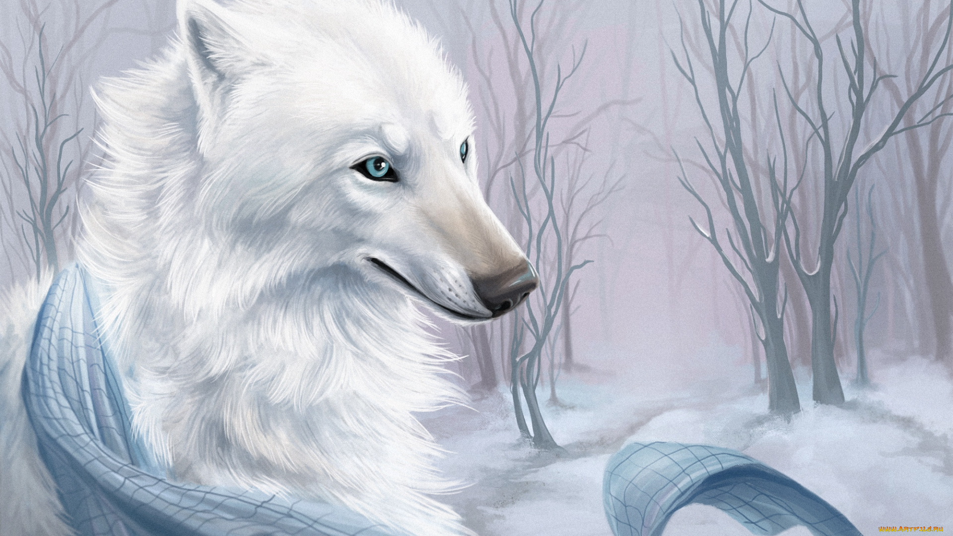 рисованное, животные, , волки, снег, деревья, белый, волк, шарф